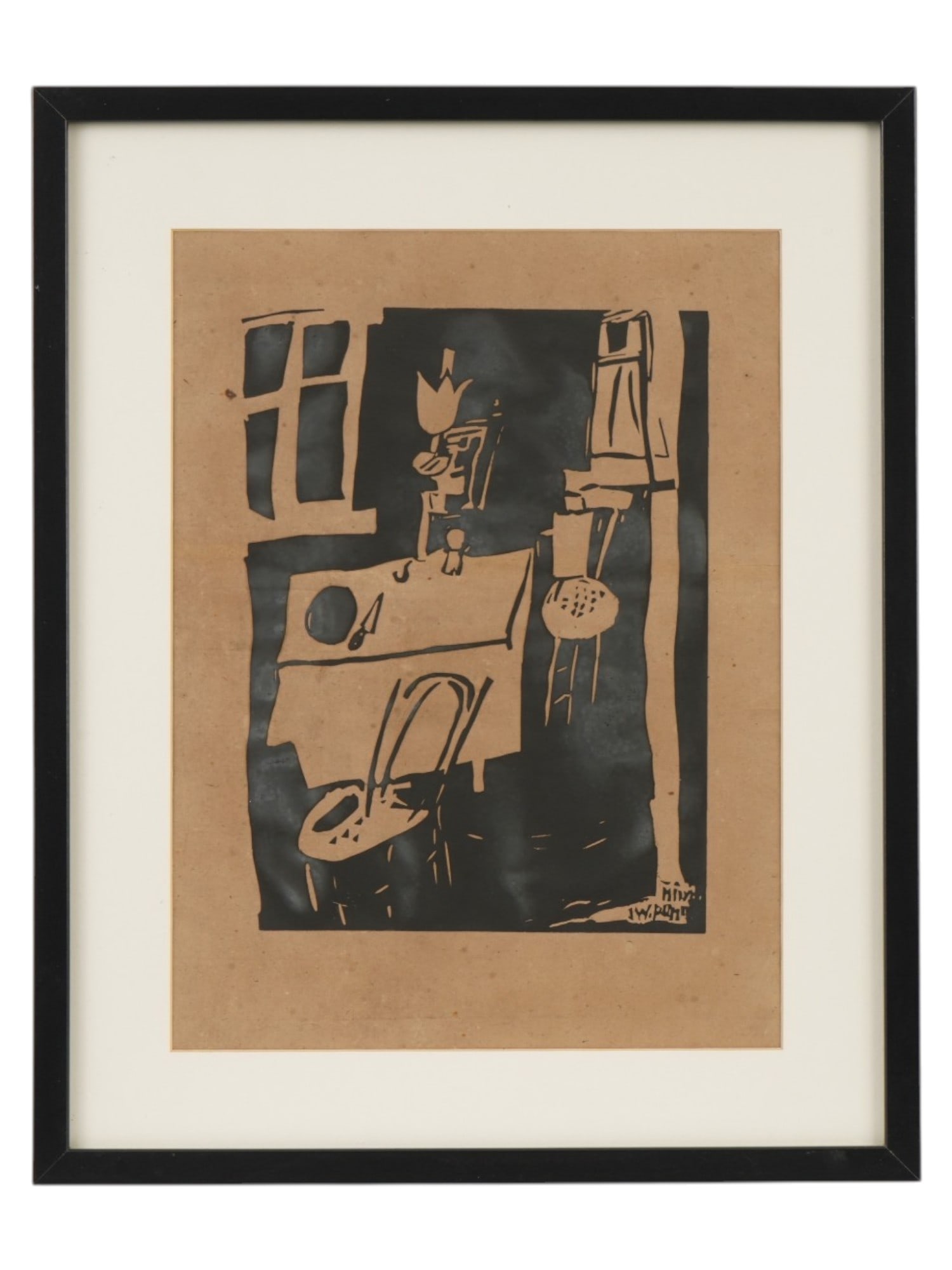 JEAN POUGNY RUSSIAN LINOCUT PRINT LATELIER THE STUDIO: Jean Pougny, aka Ivan Puni, Russian, 1892 to 1956, a linocut print titled LAtelier, or The Studio. The composition originates from the artists celebrated LAtelier portfolio, based on matrices engraved