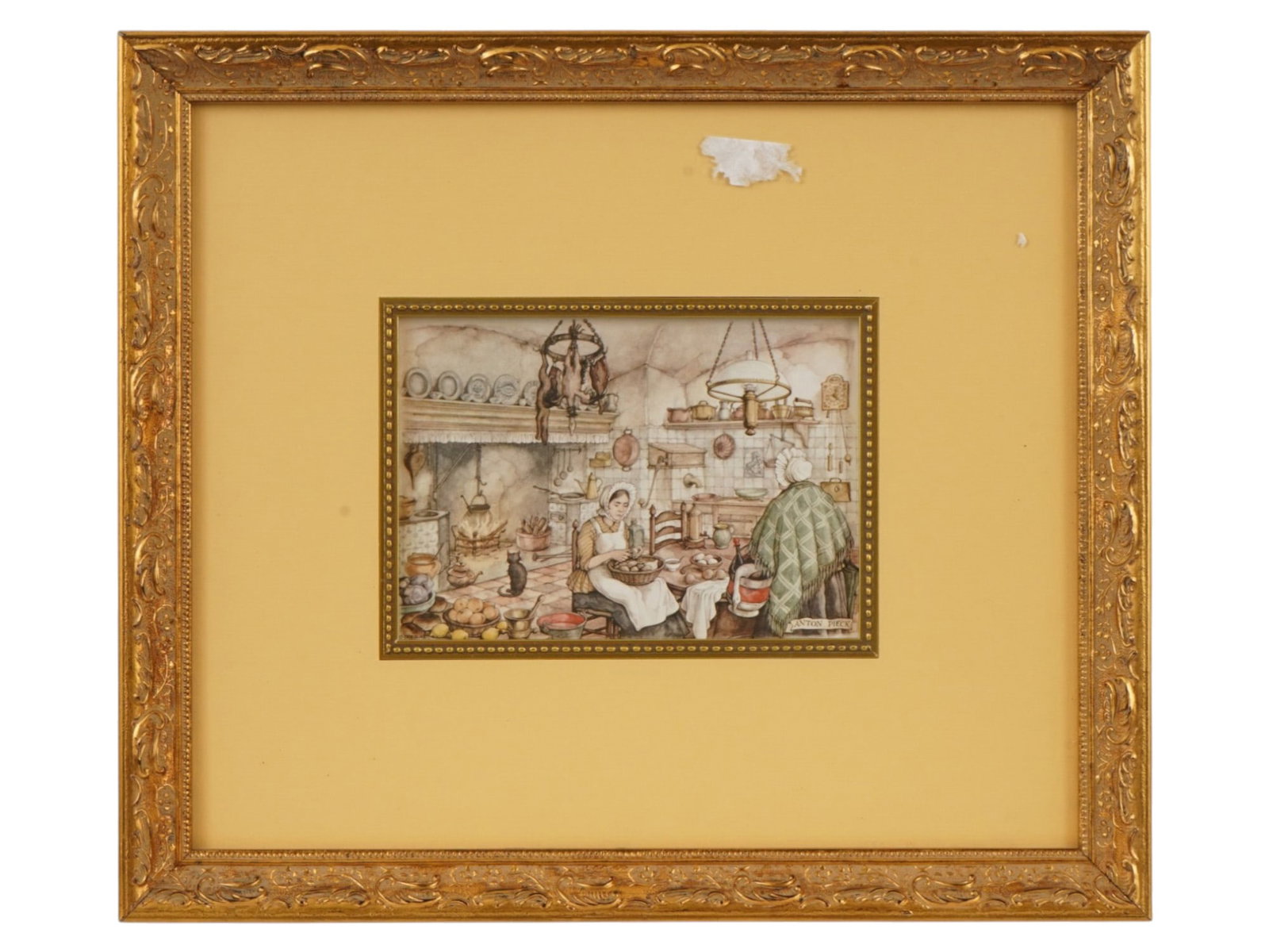 ANTON PIEK VINTAGE EUROPEAN ILLUSTRATION ART PRINT: A vintage print offset lithograph by Dutch artist Anton Pieck depicting an interior scene with a cooking lady. The composition is characteristic of Piecks nostalgic illustrative style, emphasizing arc