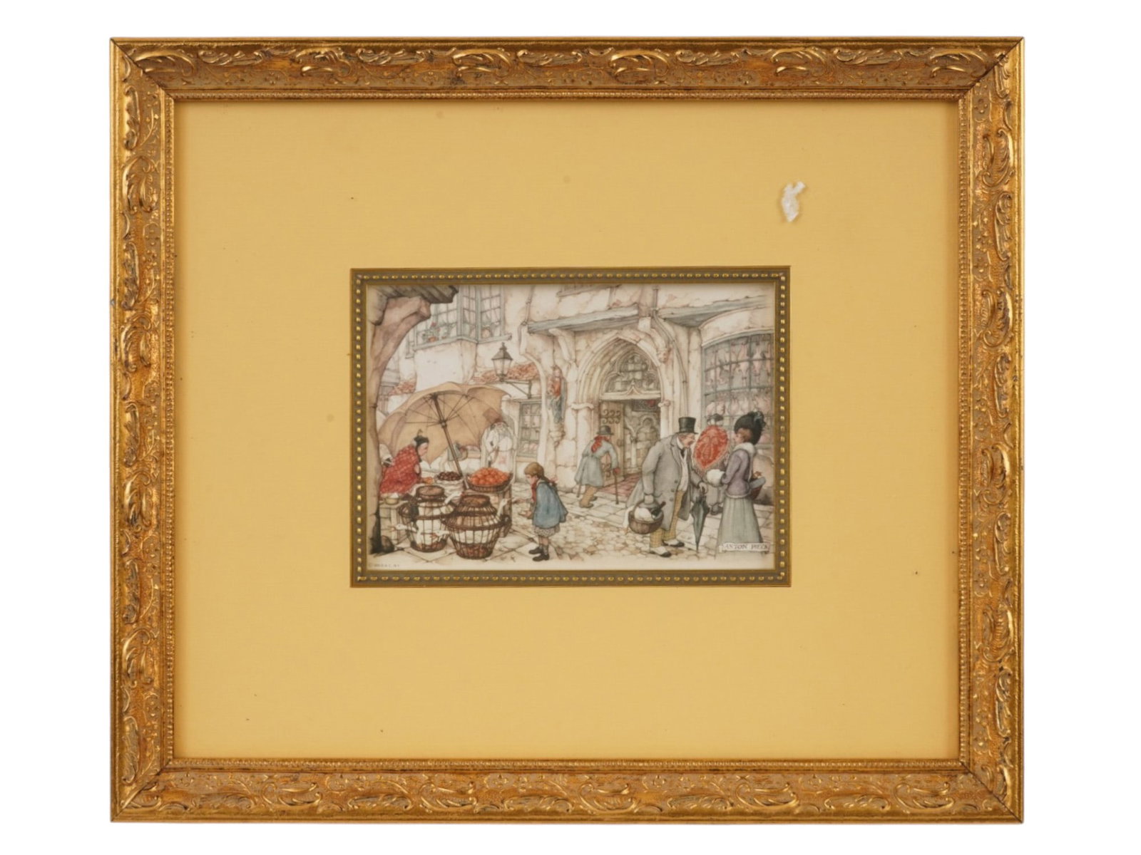 ANTON PIEK VINTAGE EUROPEAN ILLUSTRATION ART PRINT: A vintage print offset lithograph by Dutch artist Anton Pieck depicting a detailed European street scene. The composition is characteristic of Piecks nostalgic illustrative style, emphasizing architec