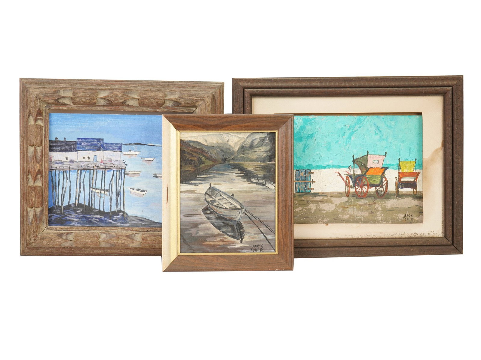 GROUP OF THREE COASTAL OIL PAINTINGS BY JACK TYLER: A group of three paintings by Jack Tyler in oil on canvas over board and oil on board, featuring coastal and landscape subjects. The lot includes a wharf scene with moored boats, a tranquil study of a
