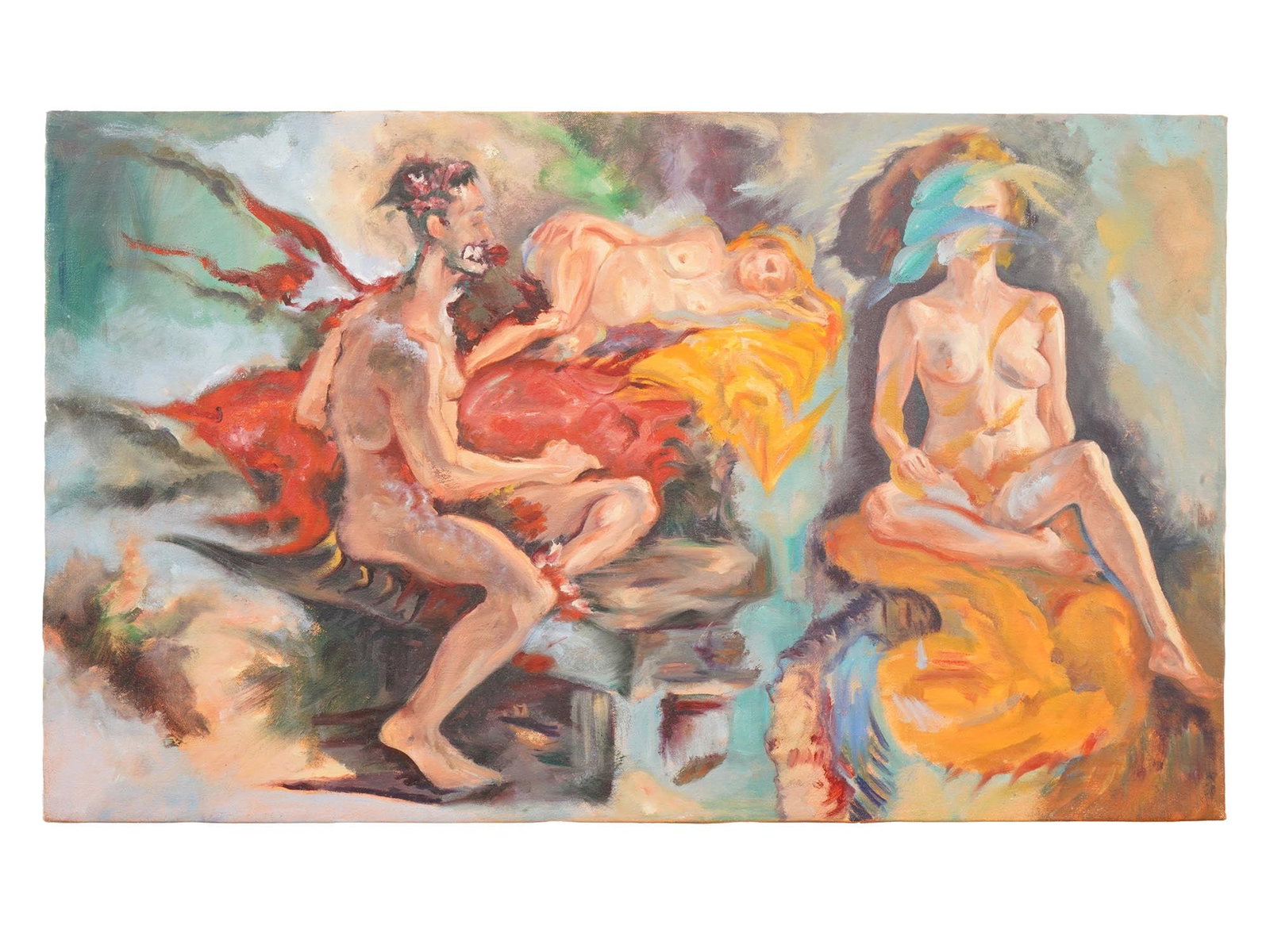 CONTEMPORARY FEMALE MALE NUDE FIGURES OIL PAINTING: A Contemporary oil painting on canvas depicting a composition with nude figures of a man and women. Unsigned. Modernist and Contemporary Fine Art, Expressionist and Abstract Oil Paintings, and Collect