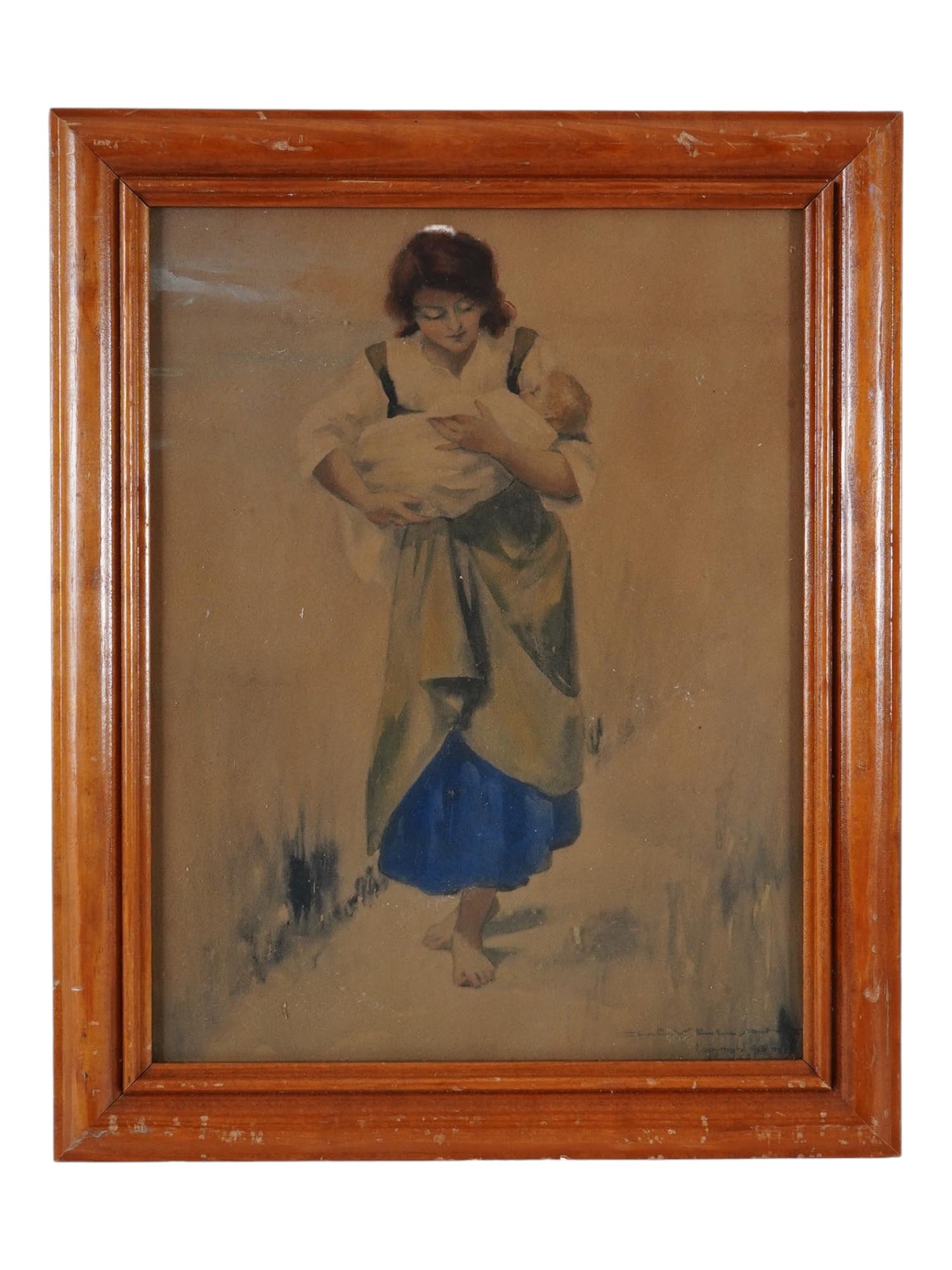 MOTHER AND CHILD WATERCOLOR PAINTING SIGNED: Watercolor on paper painting. American, mid-20th century. The artwork depicts a woman carrying a baby. Illegibly signed and dated in the lower right. Framed. Collectible Fine Art And Wall Decor. THIS 