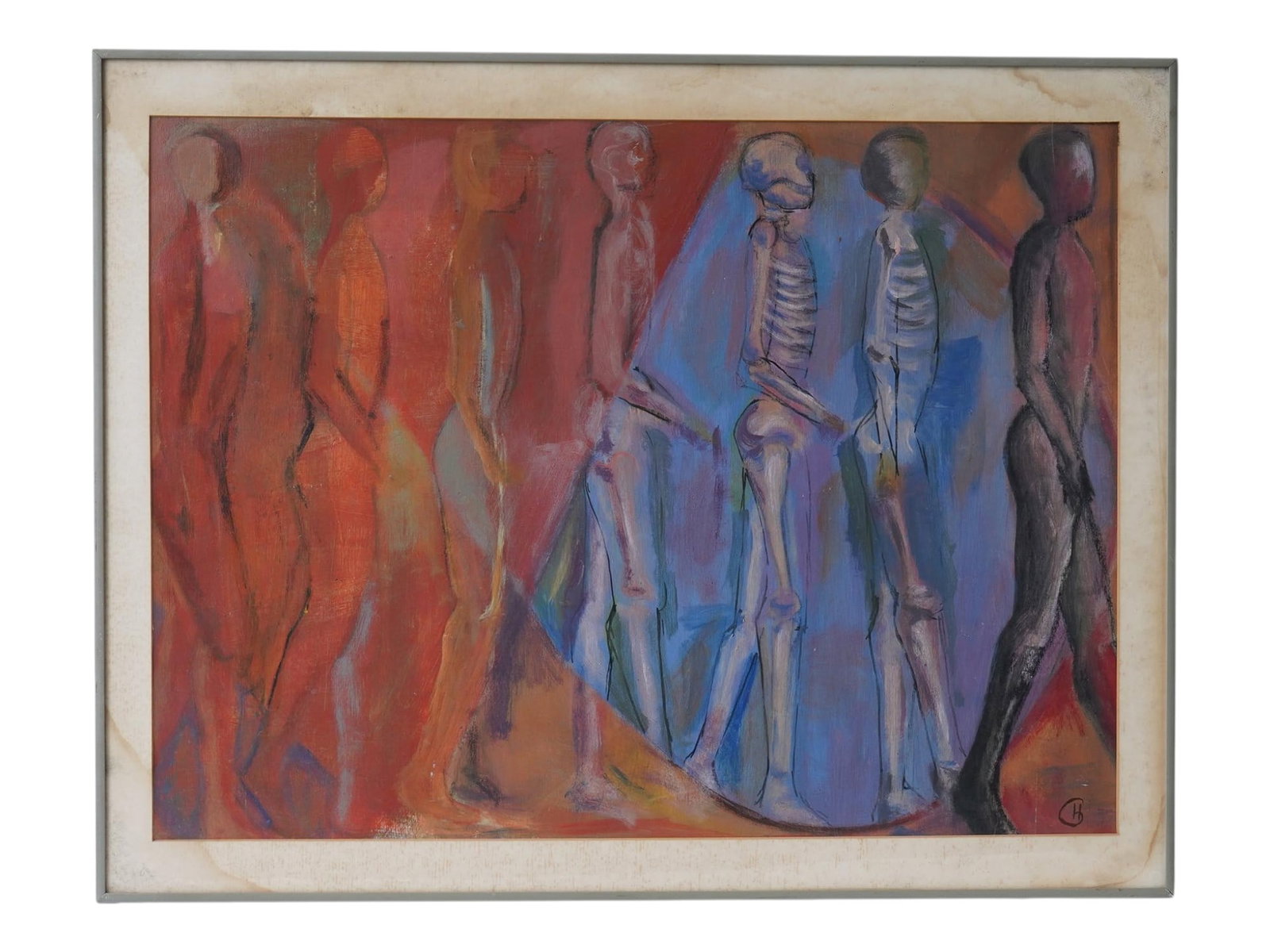 MID CENT AMERICAN ABSTRACT OIL PAINTING SIGNED: Oil on board painting. American, mid to late 20th century. The artwork depicts abstract walking human figures, some with their skeletons showing through. Signed in the lower right, CH. Framed. Collect