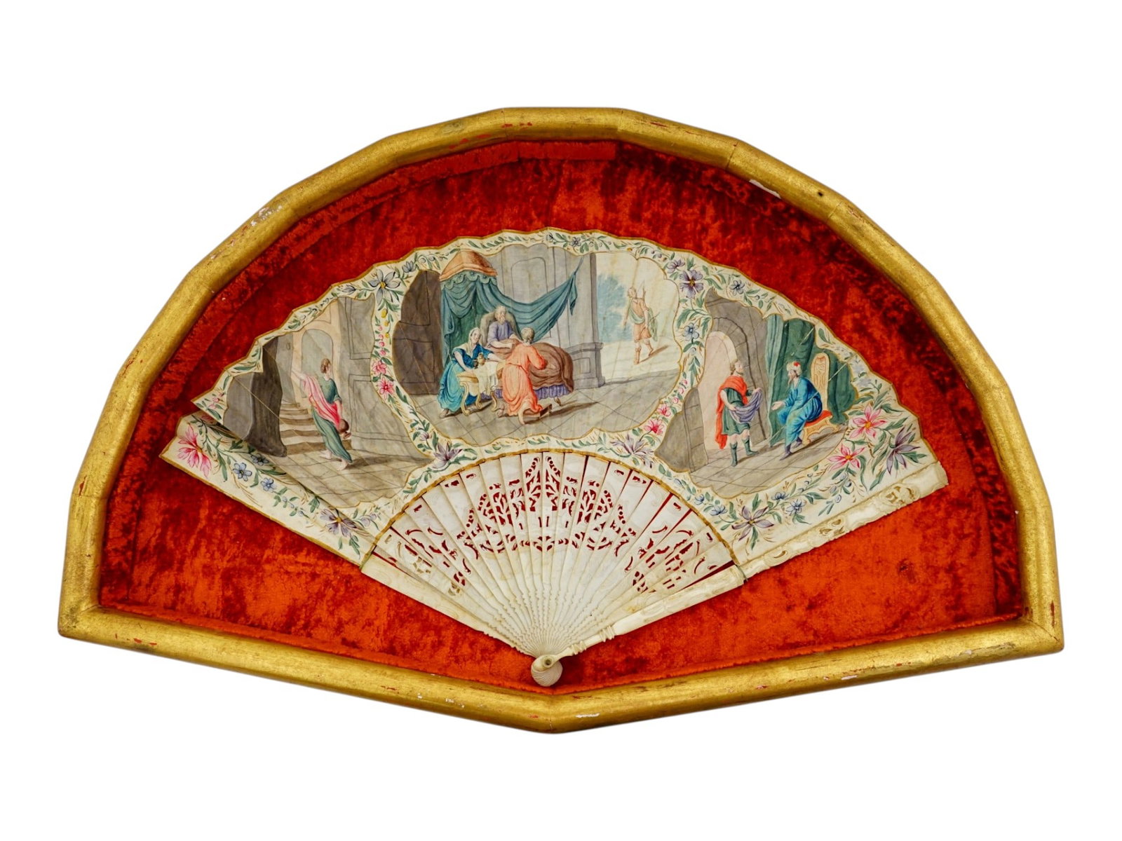 ANTIQUE EUROPEAN HAND PAINTED FAN FRAMED (1 of 8)