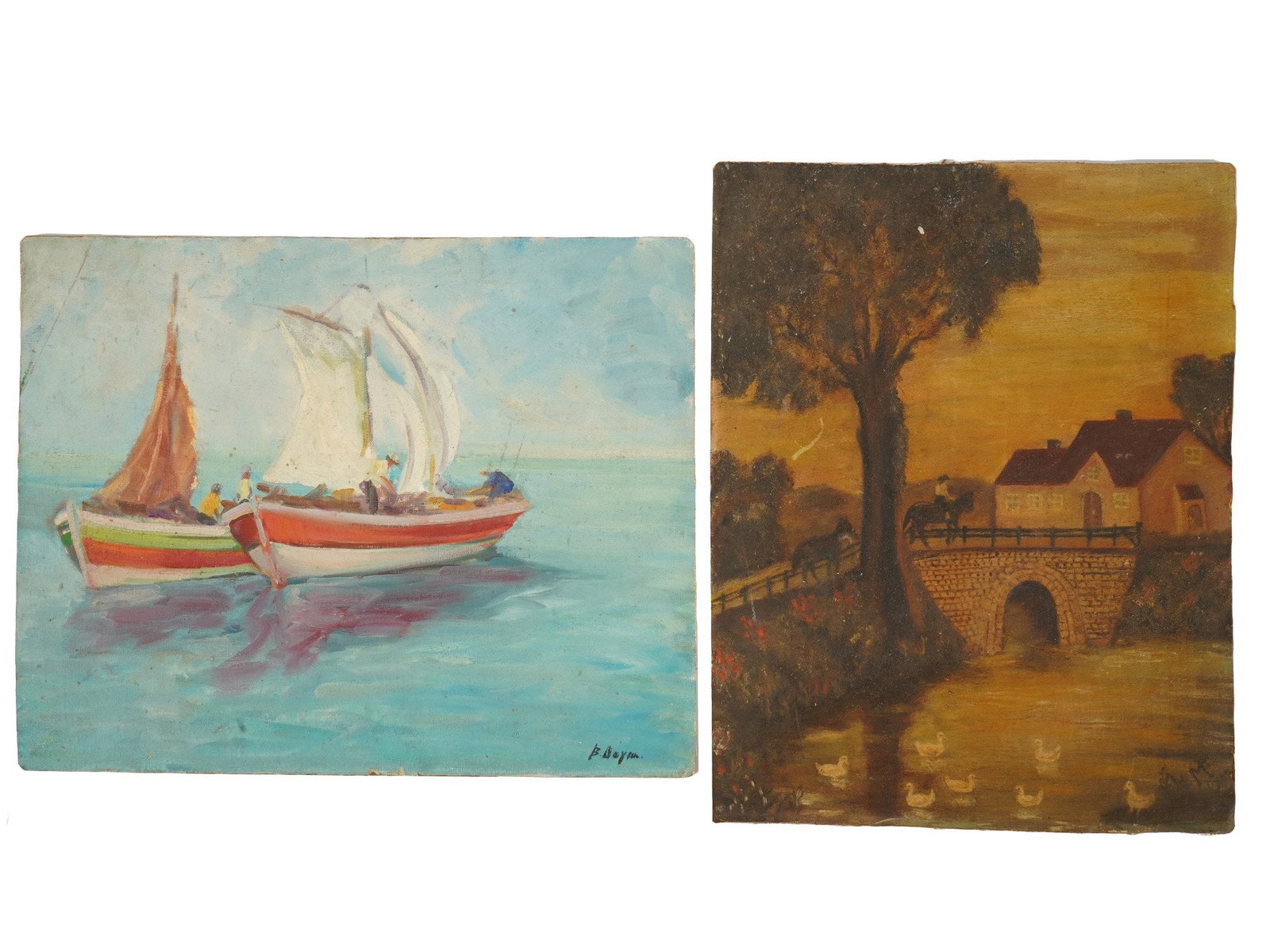 MID CENTURY PAINTINGS ON A TRADITIONAL LANDSCAPE THEME: Two mid-century oil paintings on canvas mounted to board, each showcasing a distinct traditional landscape theme. One depicts colorful fishing boats on calm waters in a post-impressionist style. The o
