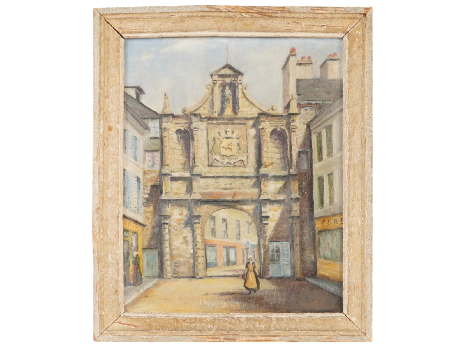 ERNO ERB CITYSCAPE OIL PAINTING PORTE SAINT VINCENT: Erno Erb, Polish, 1878 to 1943, oil painting on board depicting the Porte Saint-Vincent, the historic 16th-century gate serving as the principal entrance from the port into the walled city of Vannes, 