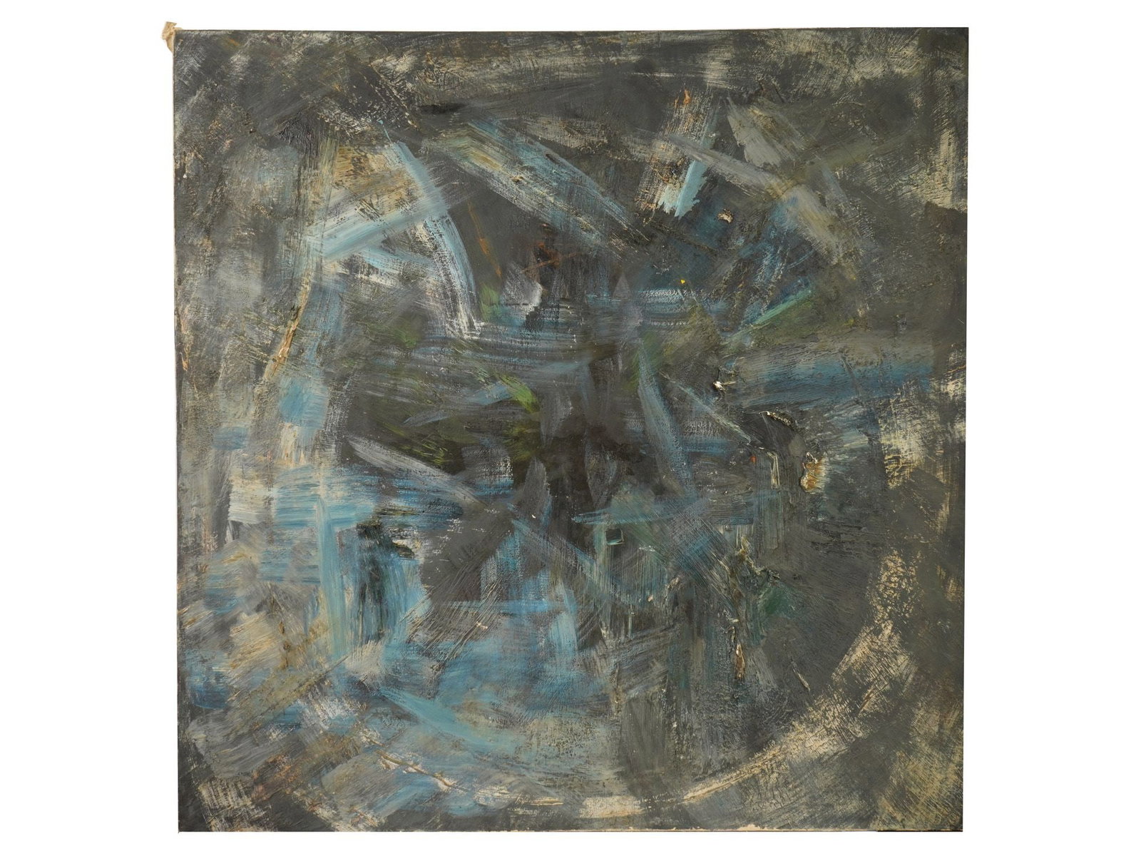 LATE 20TH C ABSTRACT EXPRESSIONIST OIL PAINTING: Oil painting on canvas. Dated second half of the 20th century. Abstract composition in blue and black color palette. Expressive wide brushstrokes. Unsigned. Unframed. Collectible Fine Art, Abstraction
