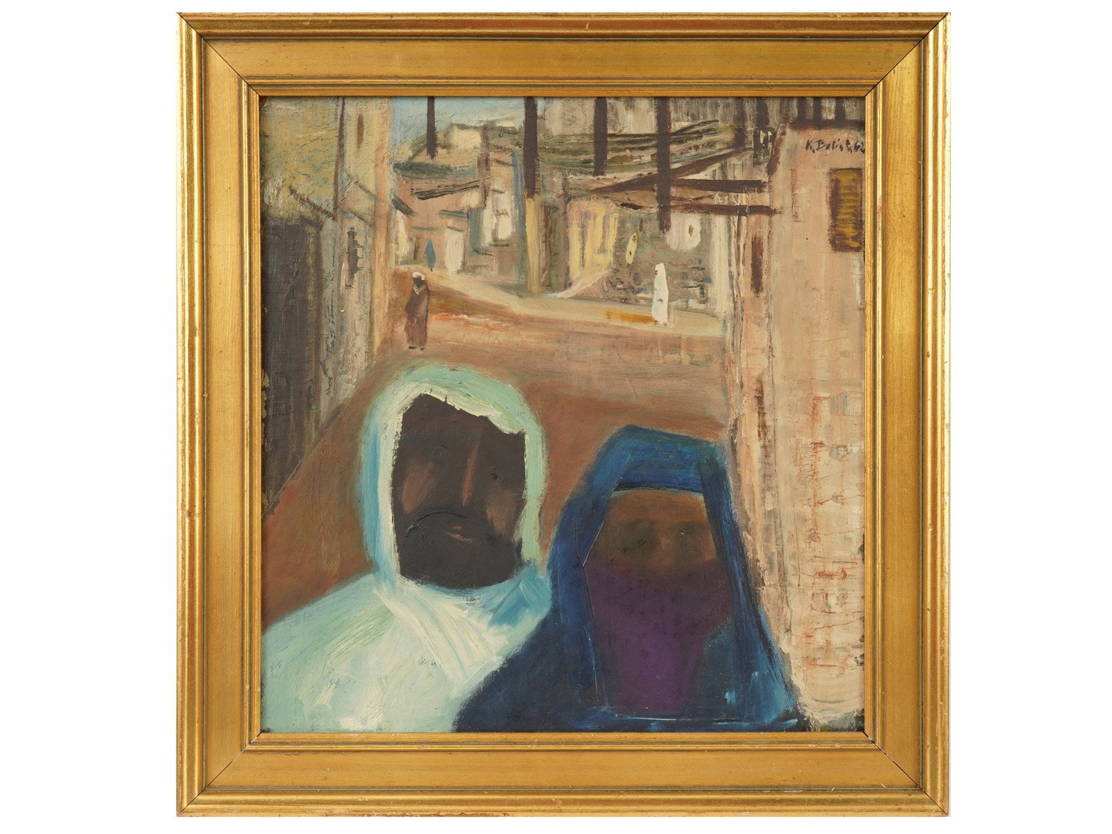 MID CENTURY OIL PAINTING COUPLE IN TRADITIONAL DRESS: A mid-century expressionist oil painting on board depicting a couple in traditional attire before a Middle Eastern or North African streetscape. The composition combines a portrait study with an atmos