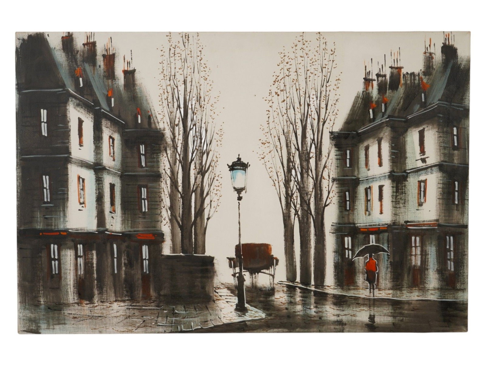 BELGIAN FRENCH STREET SCENE AFTER GASTON PIERRE: An oil painting on canvas depicting a Parisienne street scene after the original artwork by Gaston Pierre, Belgian, born in 1932, he is known for his prolific oil paintings depicting romanticized Fren