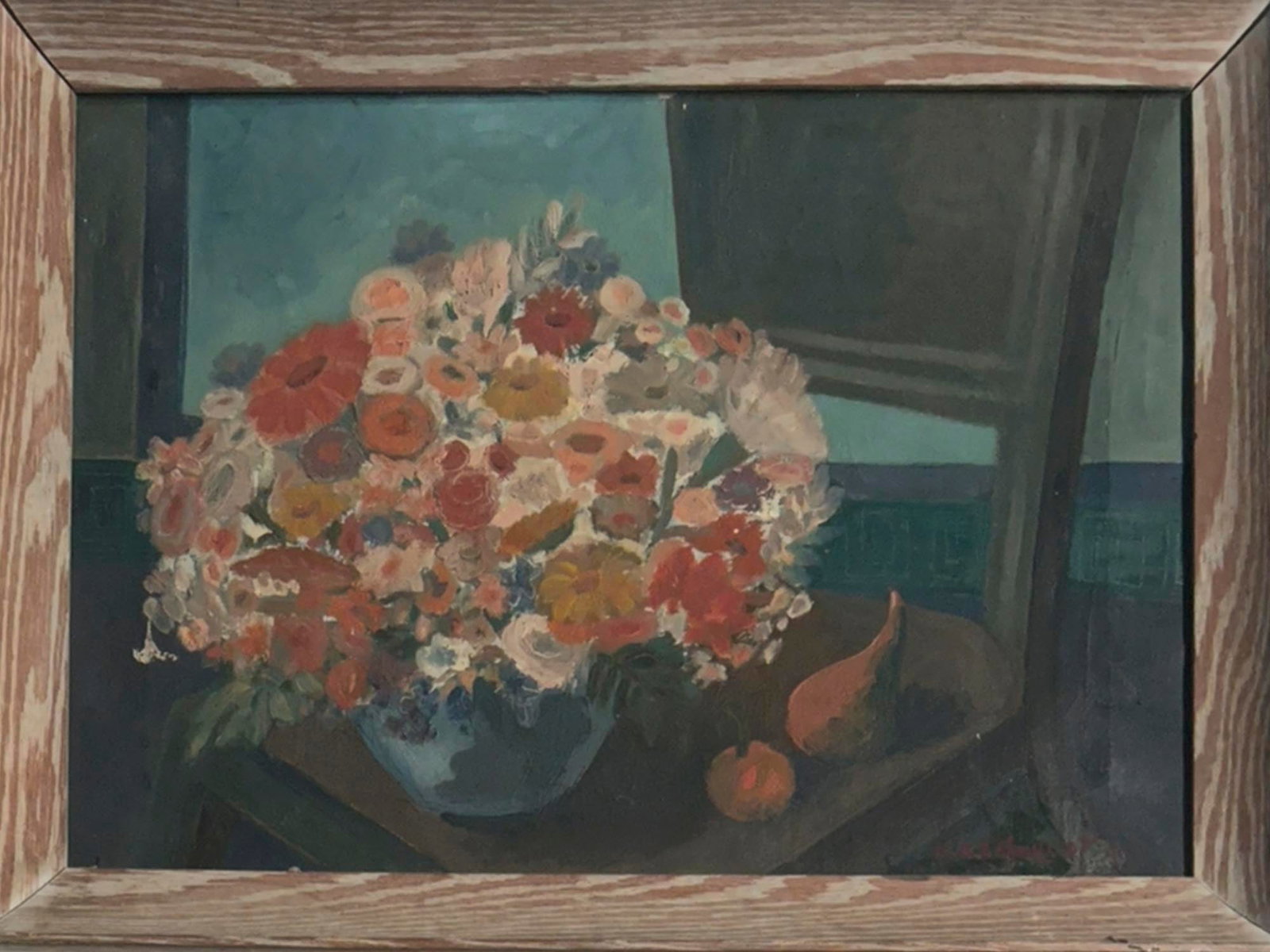 SIGNED ILYA MASHKOV RUSSIAN STILL LIFE OIL PAINTING: An oil painting on canvas depicting a still life composition self signed Ilya Mashkov, Russian, Soviet era, 1881 to 1944. Signed lower right. Framed. Circa 1940. Additionally inscribed, on the back si