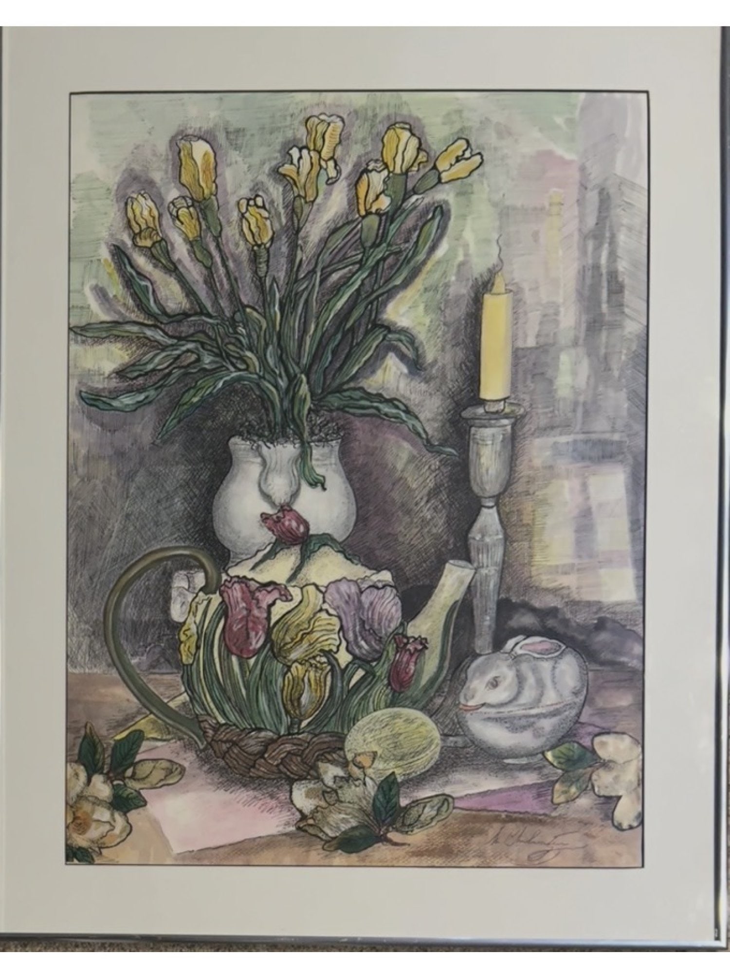 MIHAIL CHEMIAKIN STILL LIFE RUSSIAN SOVIET ERA COLLAGE: Titled Still Life with Flowers and a Rabbit, this 1980 mixed media work by celebrated Russian artist Mihail Chemiakin (born 1943) utilizes a complex blend of collage, ink, and watercolor on paper. The