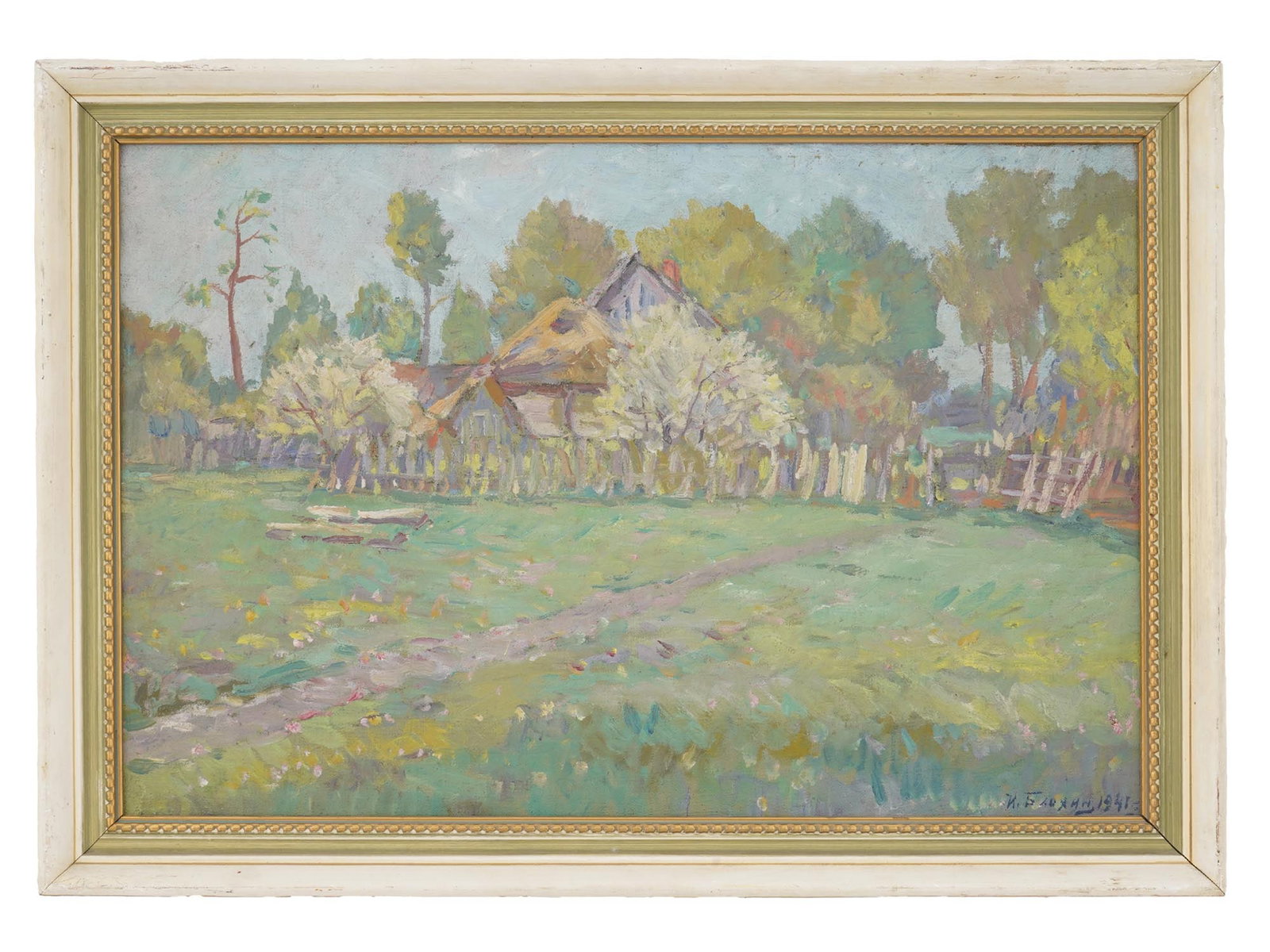 IVAN BLOKHIN RUSSIAN LANDSCAPE OIL PAINTING: Ivan Blokhin, Russian, 1887 to 1954, oil on canvas painting. Landscape view of a village during springtime. Signed and dated 1941 in the lower right. Framed. Provenance: Estate of Eric Jansson, Roswel