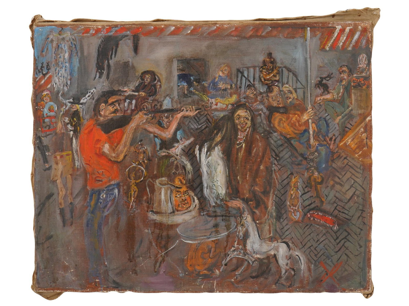 NATTA KONYSHEVA RUSSIAN PAINTING FLEA MARKET 1995: Natta Konysheva, Russian, 1935 to 2022, an oil painting on canvas titled Flea Market, 1995. Depicting a lively and crowded market scene filled with eclectic objects, figures, and decorative details. I