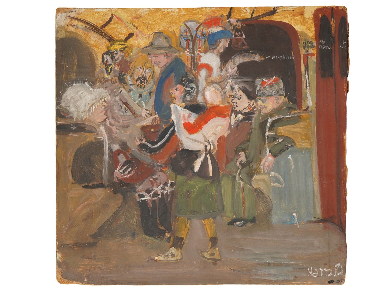 NATTA KONYSHEVA RUSSIAN OIL PAINTING THE SUBWAY: Natta Konysheva, Russian, 1935 to 2022, oil painting on canvasboard. Multi-figure scene, a crowded subway car. Titled Gypsy in the Subway. Dated 1982. Signed lower right and on the backside. Unframed.