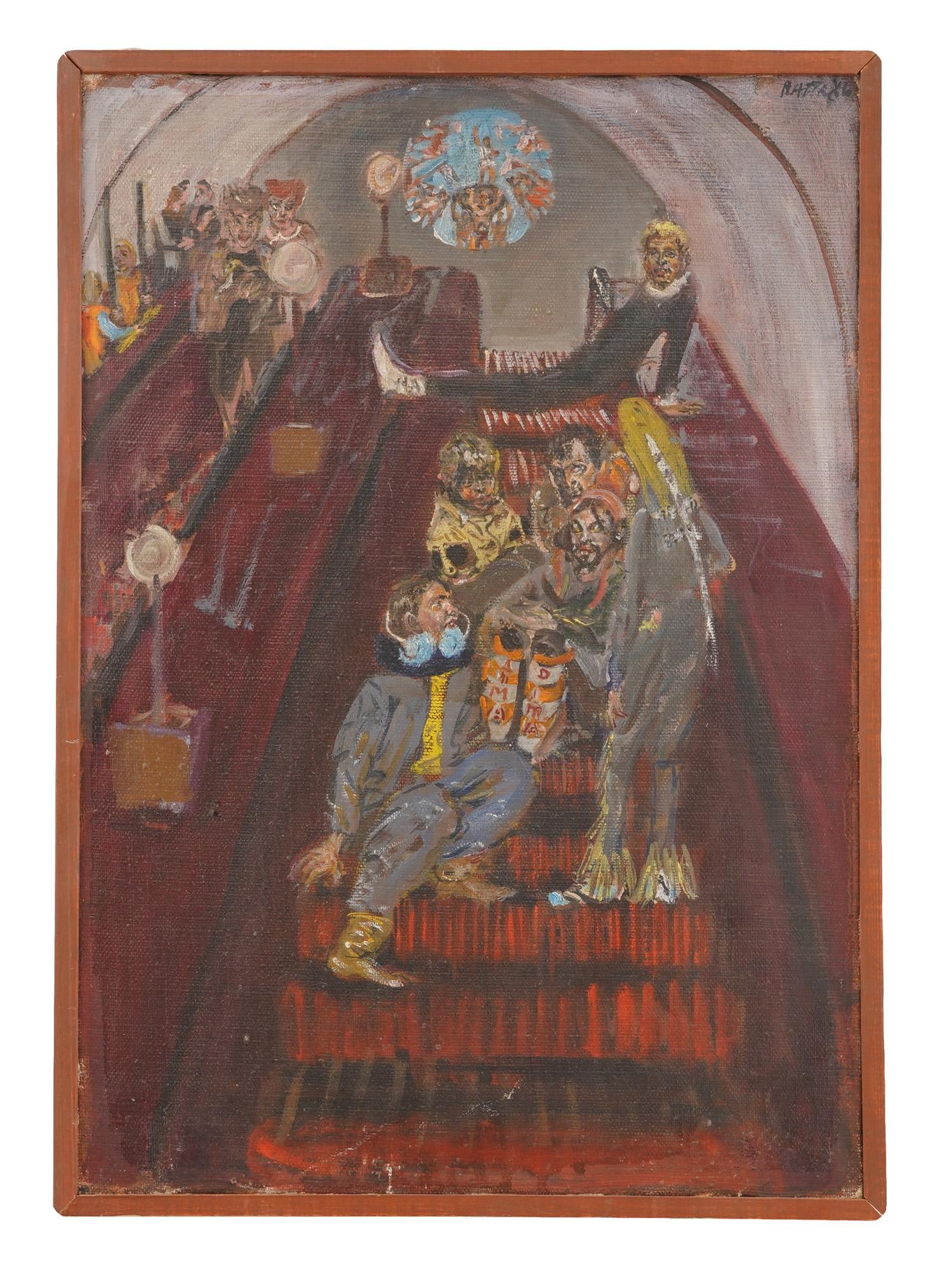 RUSSIAN SOVIET OIL PAINTING BY NATTA KONYSHEVA 1986: A vintage oil on canvas genre scene painting by Natta Ivanovna Konysheva, 1935 to 2022, Soviet and Russian painter. The painting depicts a group of young people on an escalator in the Moscow metro, ex