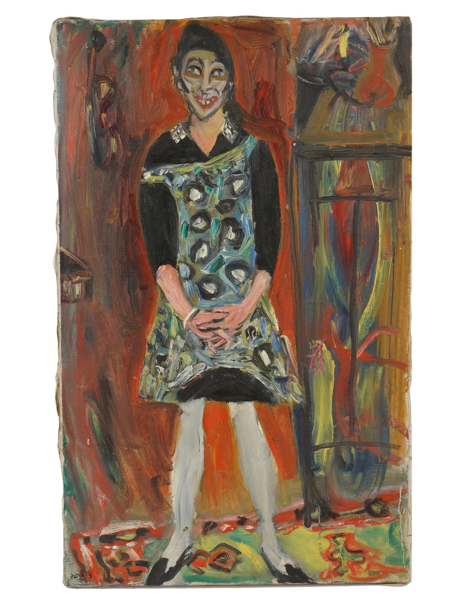 NATTA KONYSHEVA RUSSIAN FEMALE PORTRAIT OIL PAINTING: Natta Konysheva, Russian, 1935 to 2022, oil painting on canvas. Full-length female portrait. Wide expressive brushstrokes. Titled Lyuda Vanyushkina. Dated 1974. Signed lower left and on the backside. 