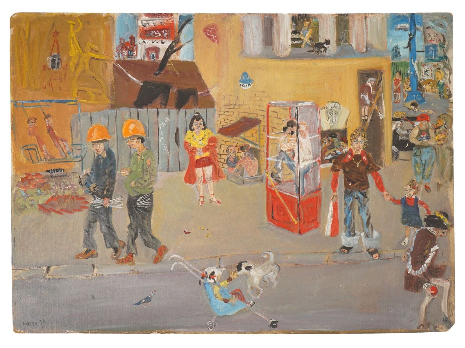 NATTA KONYSHEVA RUSSIAN OIL PAINTING THE STREET: Natta Konysheva, Russian, 1935 to 2022, oil painting on cardboard. Multi-figure scene of a town street. Titled The Street. Dated 1979. Signed lower left and on the backside. Unframed. Natta Konysheva 