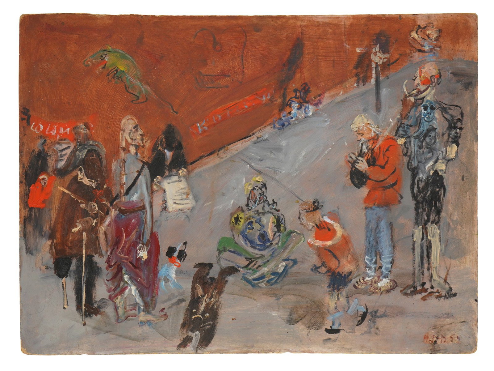 NATTA KONYSHEVA RUSSIAN OIL PAINTING THE PIPER: Natta Konysheva, Russian, 1935 to 2022, oil painting on canvasboard. Multi-figure scene of a town street. Titled The Russian Piper. Dated 1997. Signed lower right and on the backside. Unframed. Natta 