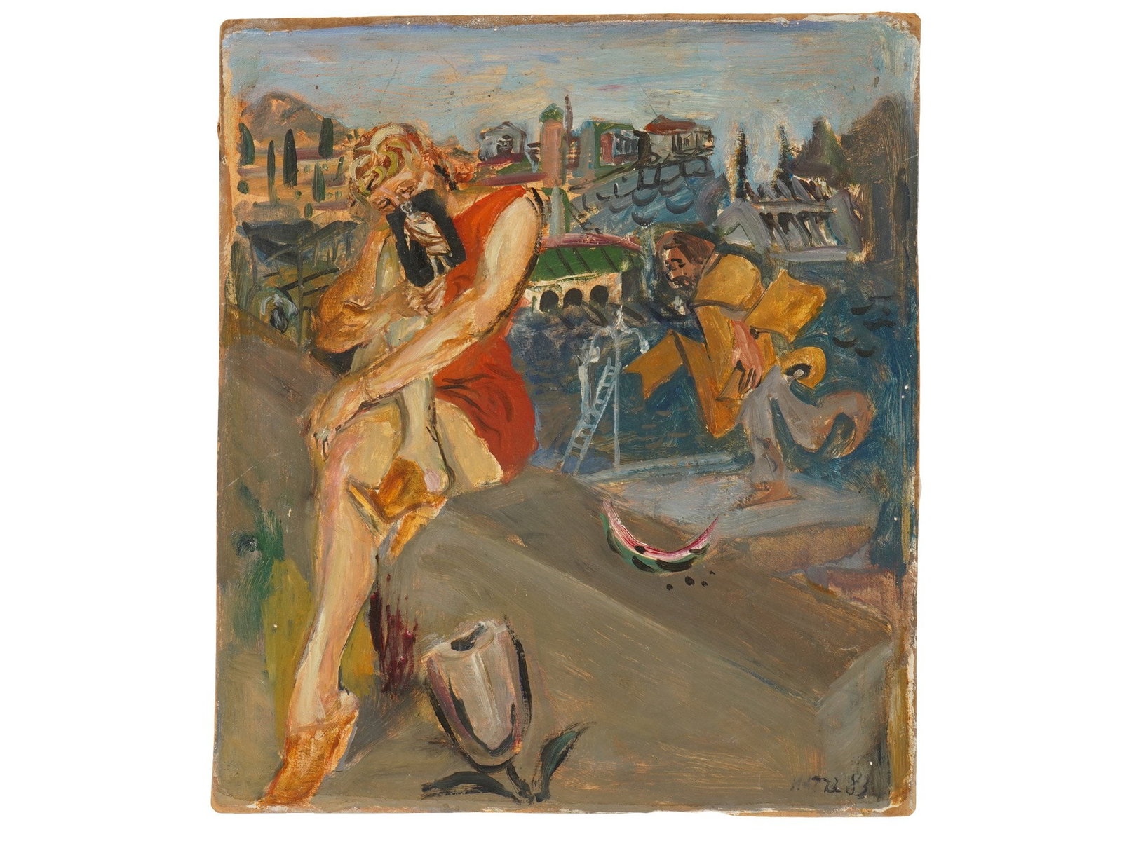 NATTA KONYSHEVA RUSSIAN OIL PAINTING GURZUF: Natta Konysheva, Russian, 1935 to 2022, oil painting on canvasboard. Seaside town scene, a woman sitting on the bridge railings. Titled Gurzuf. Dated 1983. Signed lower right and on the backside. Unfr