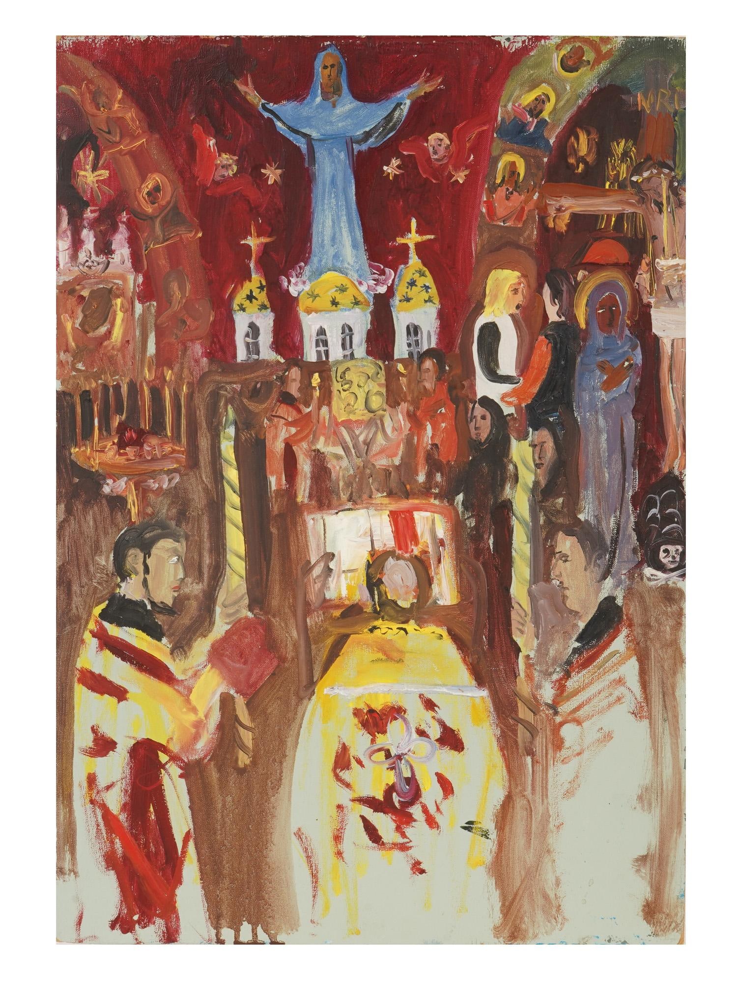 NATTA KONYSHEVA RUSSIAN OIL PAINTING CHURCH FUNERAL: Natta Konysheva, Russian, 1935 to 2022, oil painting on cardboard. Multi-figure scene of a Christian church service, the coffin in the center indicates funeral arrangements. Undated. Signed on the bac