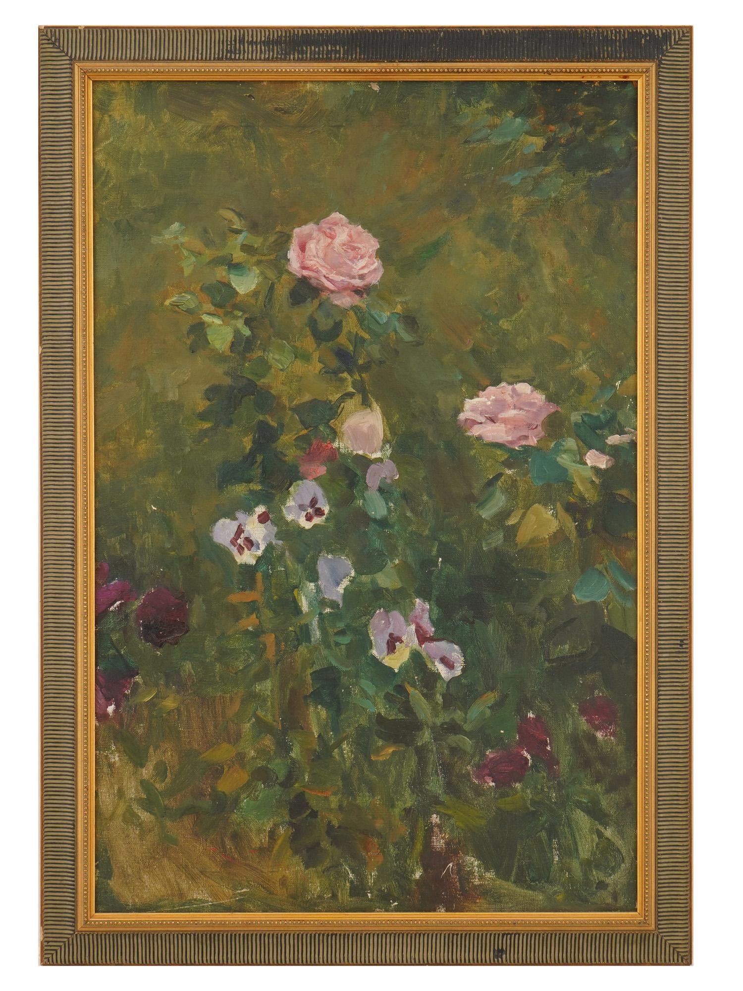 ATTR TO VALENTIN SEROV RUSSIAN OIL PAINTING ROSES: Attributed to Valentin Serov, Russian, 1865 to 1911, oil painting on canvas. A study of a rose flower bush. Unsigned. Inscribed on the backside by the artists descendant. Undated. Framed. Provenance: 