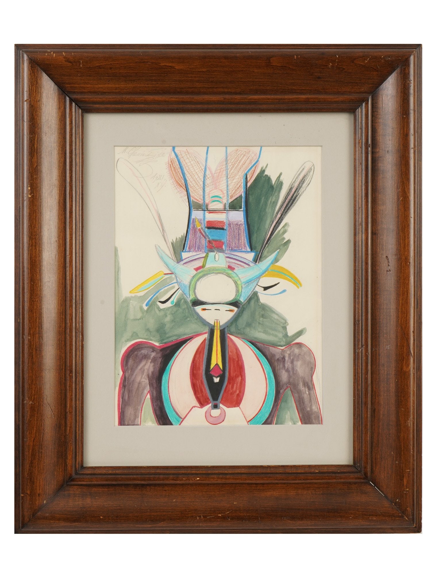 MIHAIL CHEMIAKIN RUSSIAN ABSTRACT MIXED MEDIA PAINTING: Mihail Chemiakin, Russian, born 1943, mixed media painting on paper. Watercolor, oil pastel, graphite. The artwork depicts an abstract human figure with Egyptian motifs. Signed, dated 1981, NY upper l