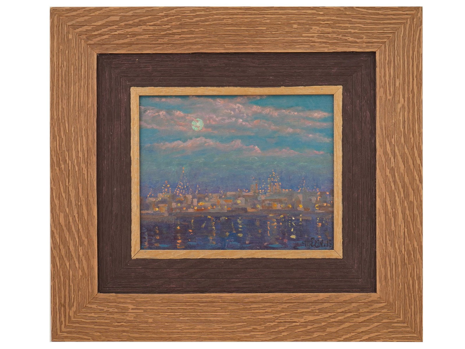 ALEXANDER TELIN RUSSIAN LANDSCAPE OIL PAINTING: Alexander Telin, Russian, born 1966, oil painting on canvas. Nighttime panorama of a seaside town. Titled Green Moon. Dated 2015. Signed lower right and on the backside. Framed. Alexander Telin studie
