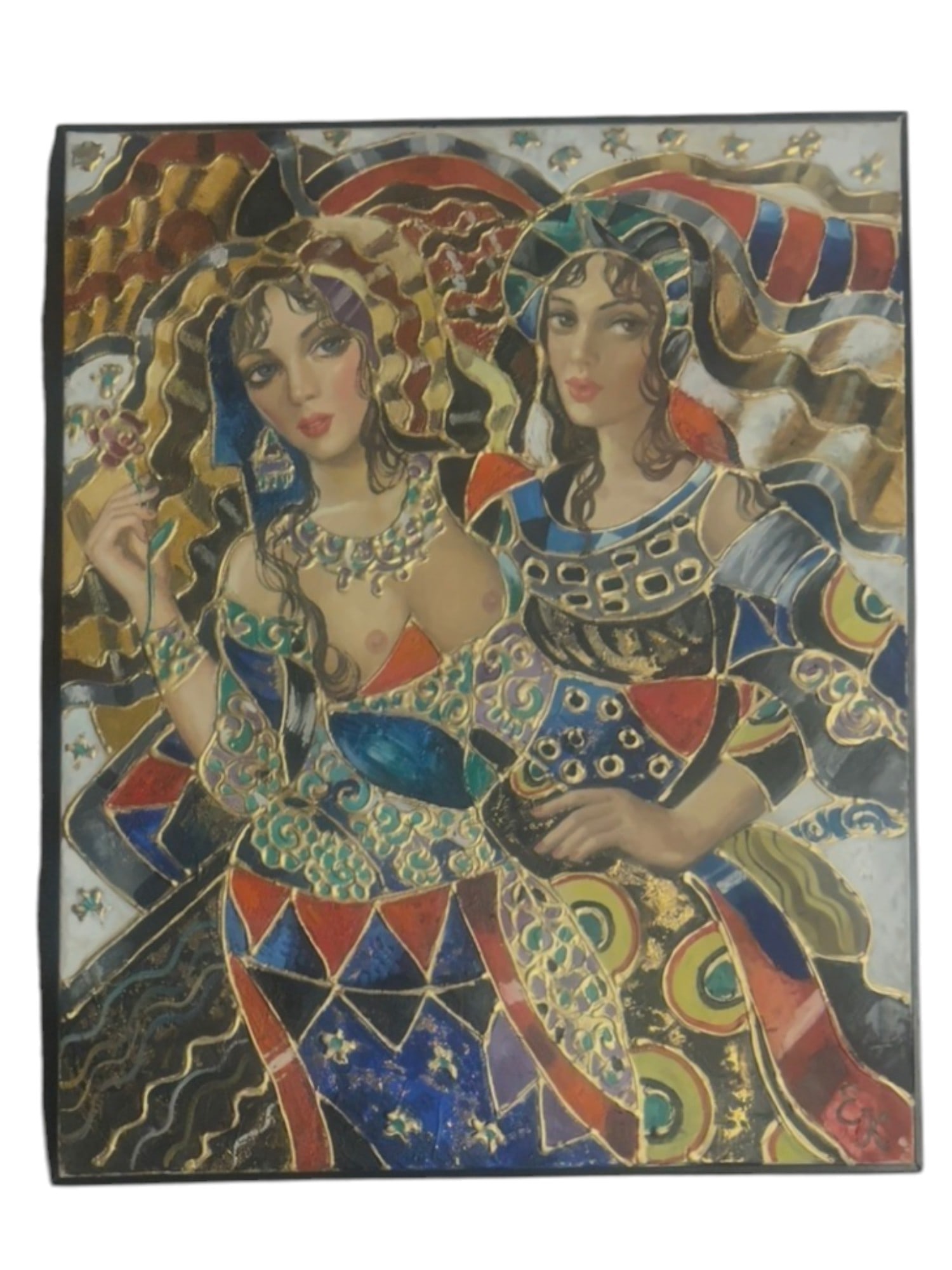 ELENA KOVILINA RUSSIAN PAINTING RUSSIAN BEAUTIES 2000: Elena Kovilina, Russian, born 1971, an oil painting on canvas titled Russian Beauties and dated 2000. The painting is signed with the artists initials in the lower right and depicts a figurative compo