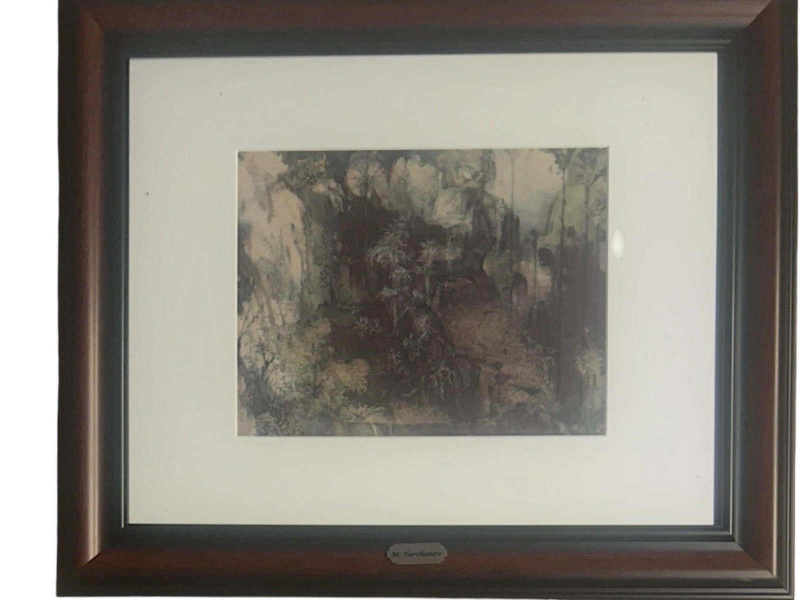 MIKHAIL TARKHANOV RUSSIAN LANDSCAPE PAINTING ON PAPER: Mikhail Tarkhanov, Russian, 1888 to 1962, oil-water medium painting on paper. Forest view. Titled Abstract Scenery. Signed and dated 1938 on mat lower right. Framed. Provenance: acquired directly from