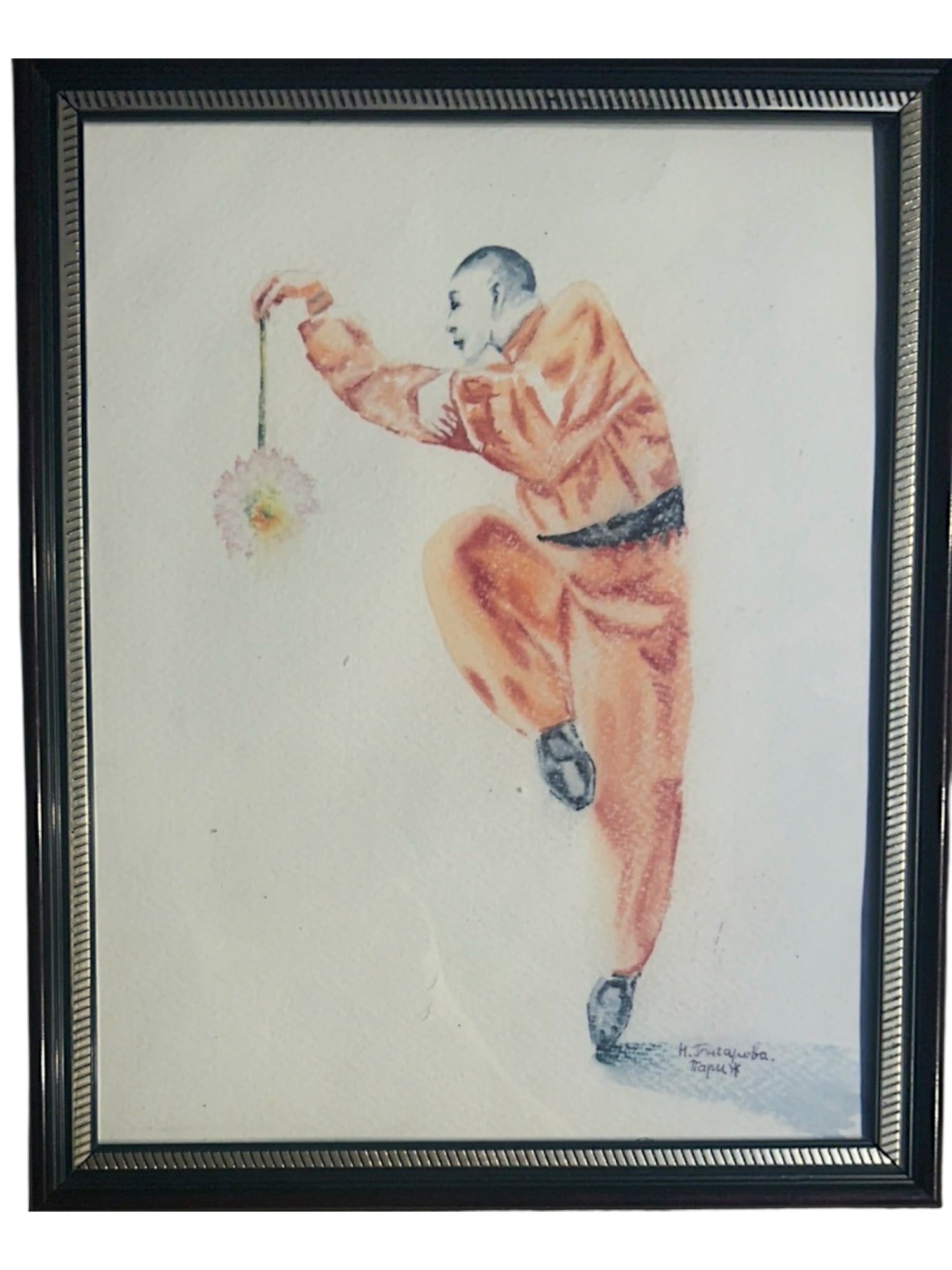 RUSSIAN WATERCOLOR PAINTING BY NATALIA GONCHAROVA: Natalia Sergeevna Goncharova, Russian, Soviet, 1881 to 1962, watercolor painting on heavy paper depicting a dancer dressed in the manner of an Asian martial arts master with a flower. Signed lower rig