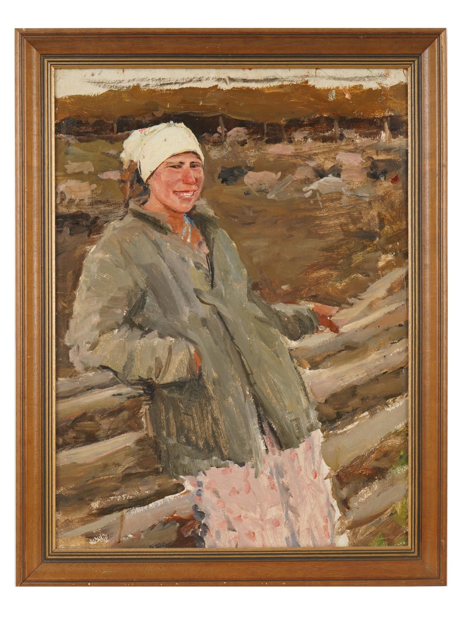 PAVEL KALYAGIN RUSSIAN FEMALE PORTRAIT OIL PAINTING: Pavel Kalyagin, Russian, 1913 to 2007, oil painting on paper over board. Portrait of a young peasant woman. Titled Tosya the Pig-Tender, Krasnodar. Dated 1946. Signed on the backside. Framed. Art Fund