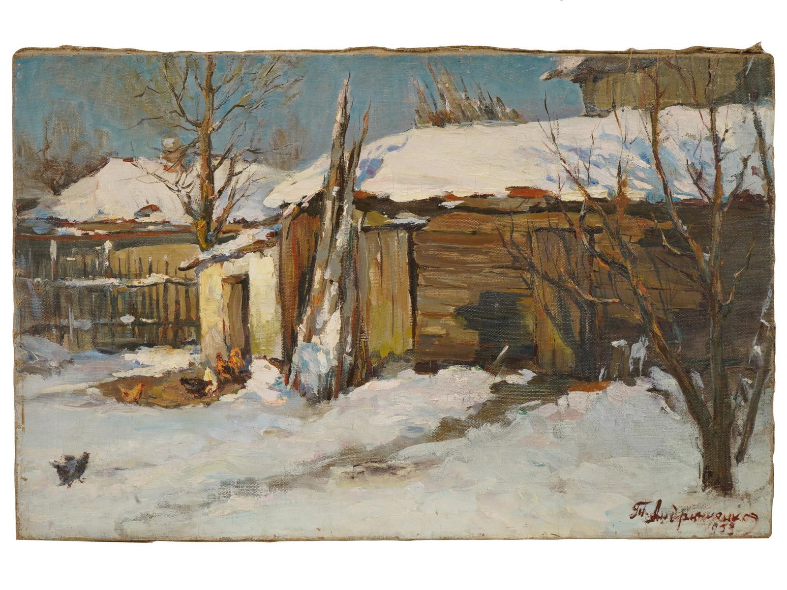 TIMOFEY ANDRYUSHCHENKO WINTER LANDSCAPE OIL PAINTING: Timofey Andryushchenko, Russian, 1915 to 1997, oil painting on canvas. View of a village house covered in snow. Signed and dated 1953 lower right. Titled Winter morning on the backside. Art Fund of th