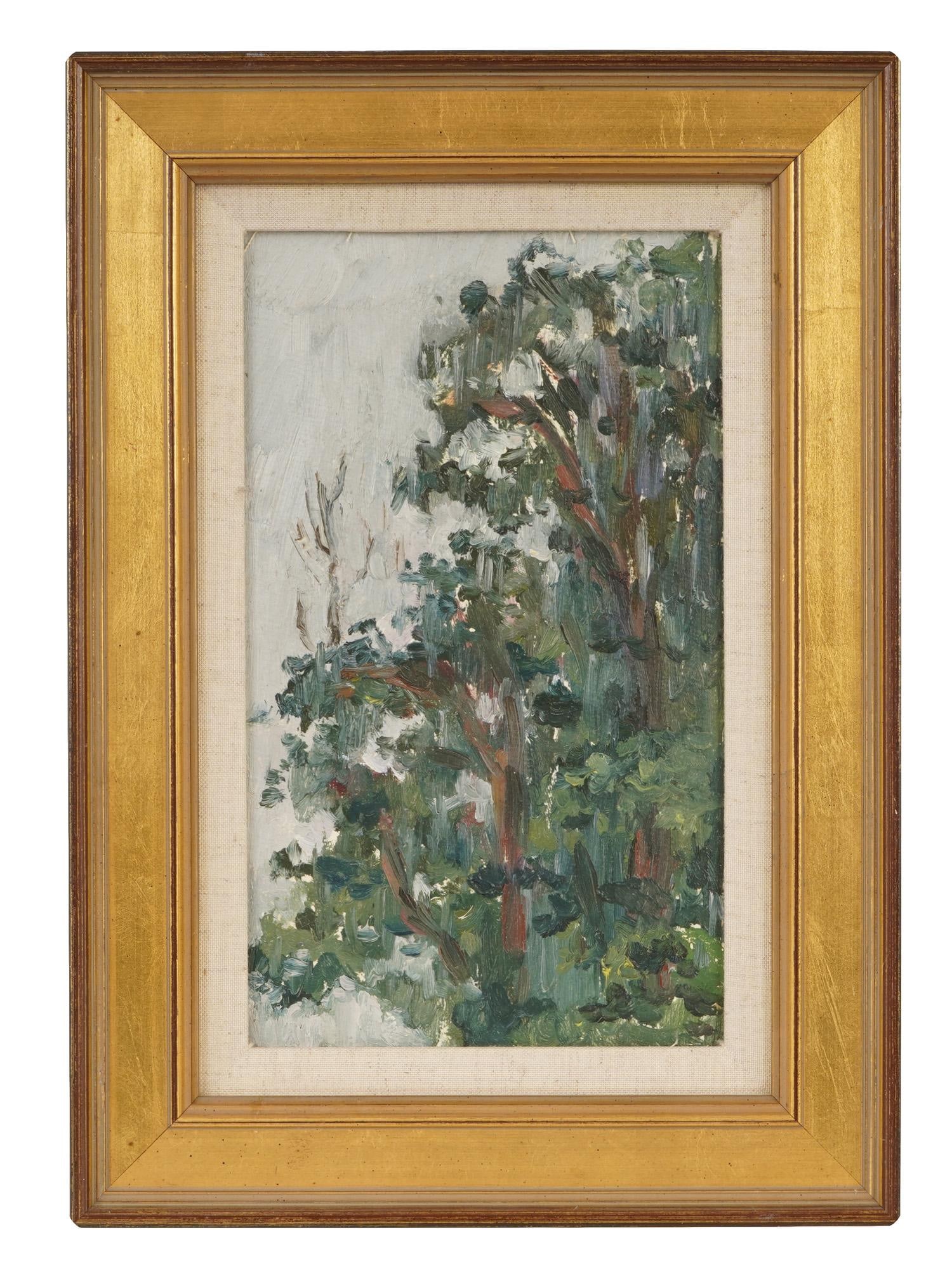 MODERNIST FOREST OIL PAINTING BY KSENIA VYAZOVA: Ksenia Vyazova, a Russian Soviet era artist, an oil painting on board, Forest, 1984. Signed, titled and dated, on the backside. Framed. Ksenia Vyazova is a Modernist Russian artist, known for landscap