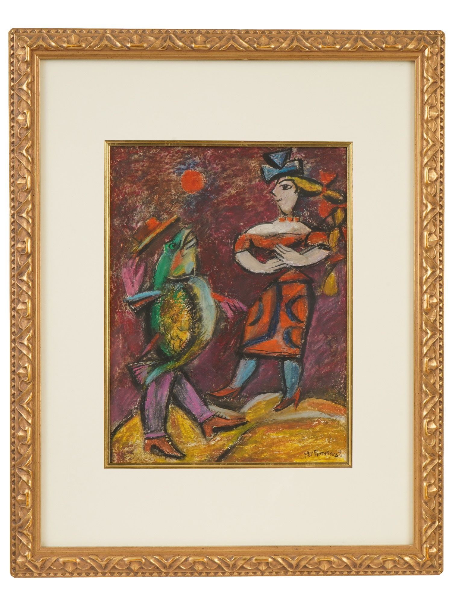 EVGENY RASTORGUEV RUSSIAN MIXED MEDIA PAINTING: Evgeny Rastorguev, Russian, 1920 to 2009, a mixed media painting on paper. The composition depicts whimsical folkloric figures rendered in the artists distinctive imaginative style inspired by Russian