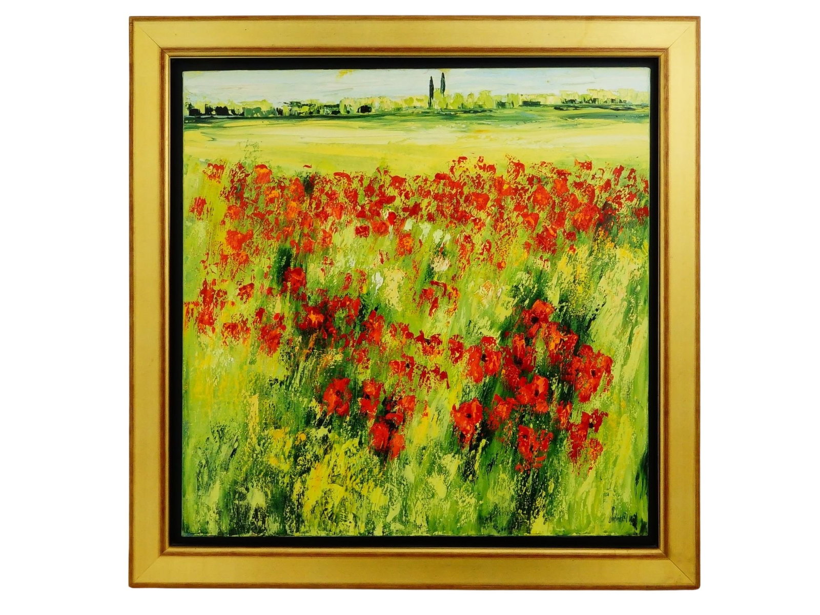 JALINEPOL W. FRENCH IMPASTO LANDSCAPE OIL PAINTING: A vibrant contemporary French landscape painting by JalinePol W. (born Jacqueline Messin, 1946), created in 1999. The large square composition depicts a sunlit field of red poppies stretching across t