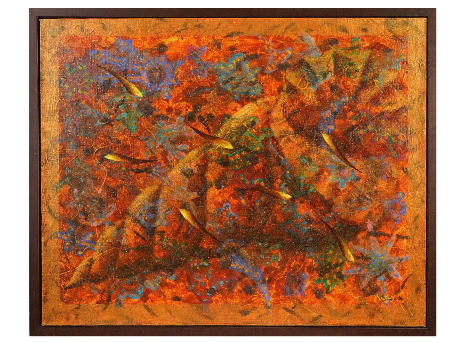 BELARUSIAN ACRYLIC PAINTING BY DMITRY MASLY 2003: An acrylic on canvas abstract painting by Belarusian artist Dmitry Masliy, born 1954. The painting is characterized by a dense, multi-layered impasto technique that creates a rich tactile surface. The