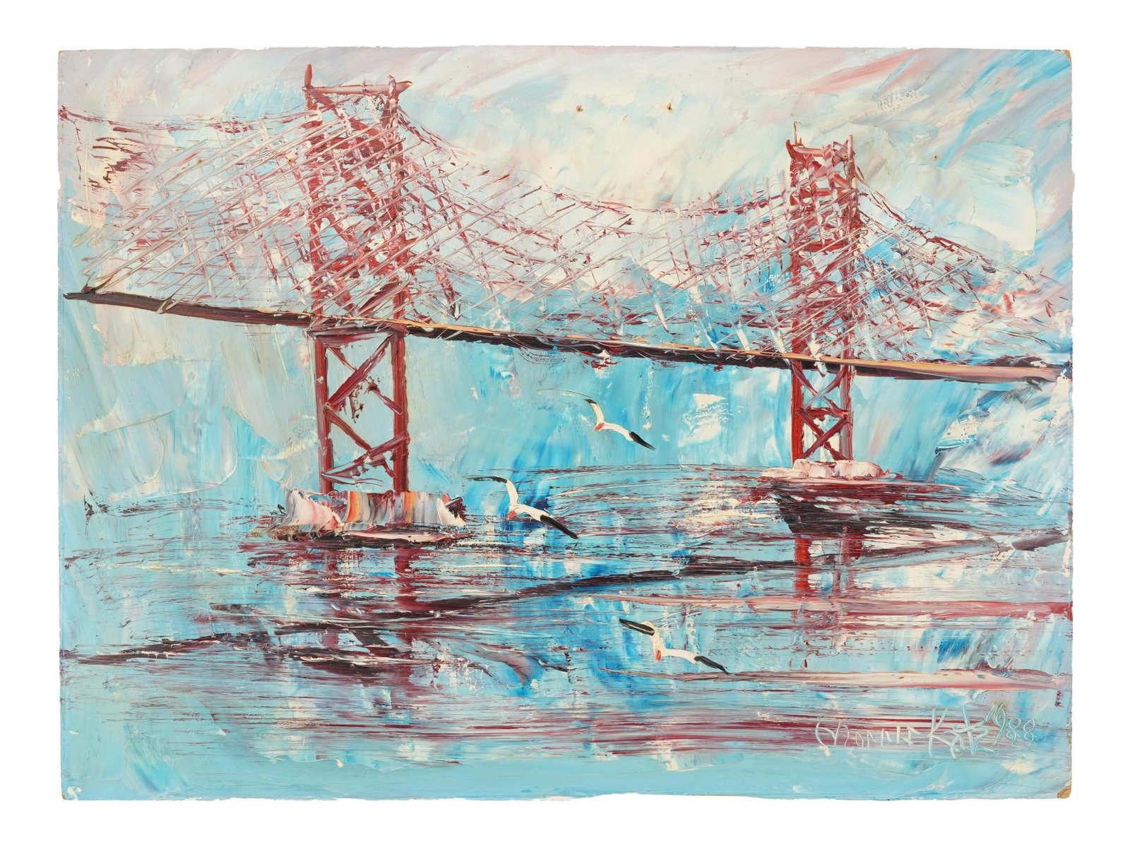 AMERICAN BRIDGE OIL PAINTING SIGNED MORRIS KATZ: An oil painting on masonite board depicting a Golden Gate Bridge view, 1988. Signed, Morris Katz, and dated, lower right. Morris Katz, Jewish, Polish, Ukrainian, American, 1932 to 2010, was a Polish a