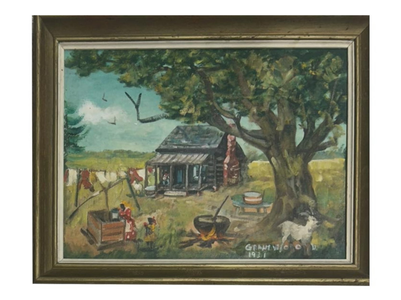 AMERICAN VILLAGE OIL PAINTING SIGNED GRANT WOOD: An oil painting on canvas mounted on board, Farm in Conn, 1931. Signed, Grant Wood, and dated 1931, lower right. Framed. Grant Wood is known for Regional scene painter, genre portrait, landscape. One 