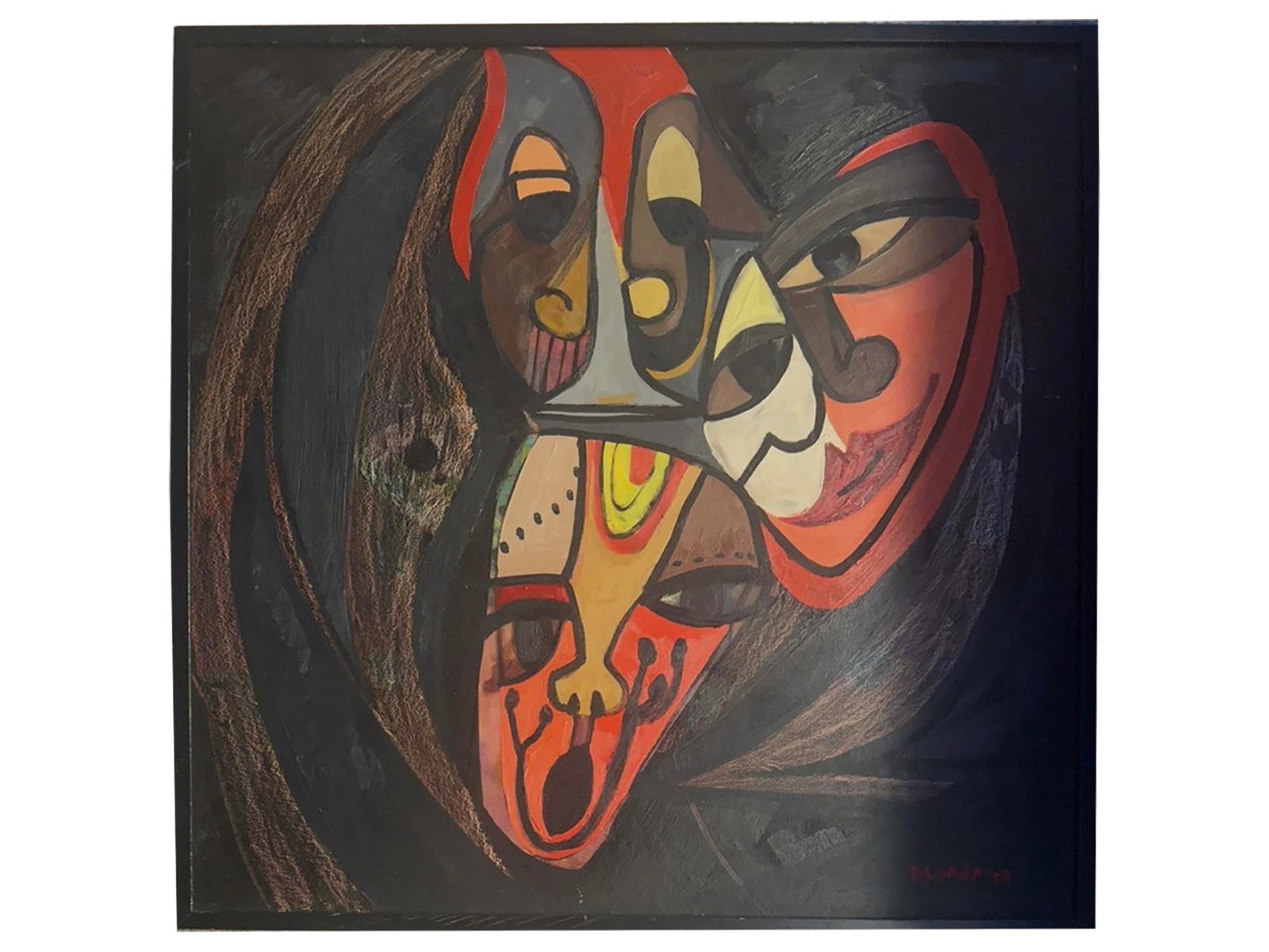 CANADIAN PAINTING FACES SIGNED NORVAL MORRISSEAU: A mixed media painting on wood board titled Faces signed lower right Norval Morrisseau, a renowned Canadian Indigenous artist, executed in the 2000s. The work exemplifies Morrisseaus iconic Woodland S