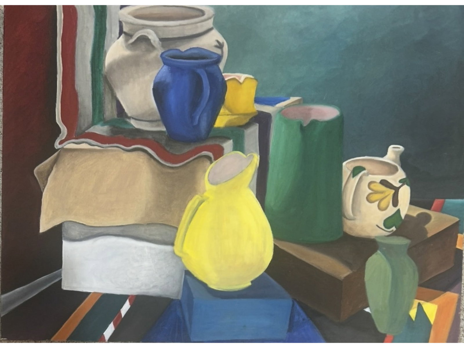 SIGNED DAVID HOCKNEY STILL LIFE WITH POTTERY 1990: This acrylic on canvas still life depicts a colorful arrangement of ceramic pitchers, vases, and bowls set against a draped background. The work bears the signature "David Hockney, 90" written in blac