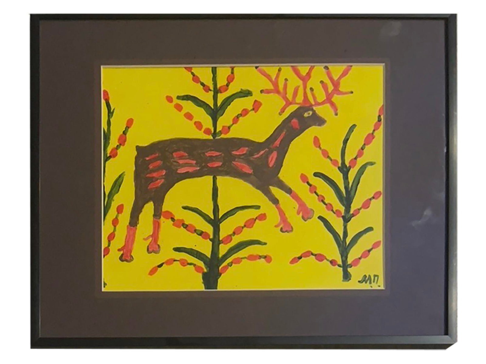 UKRANIAN PAINTING BY MARIA PRYMACHENKO DEAR RED HORNS: A watercolor painting on cardboard by the Ukrainian artist Maria Prymachenko, signed with initials at the lower right and dating to the 1990s, titled Dear with Red Horns. The composition features Prym