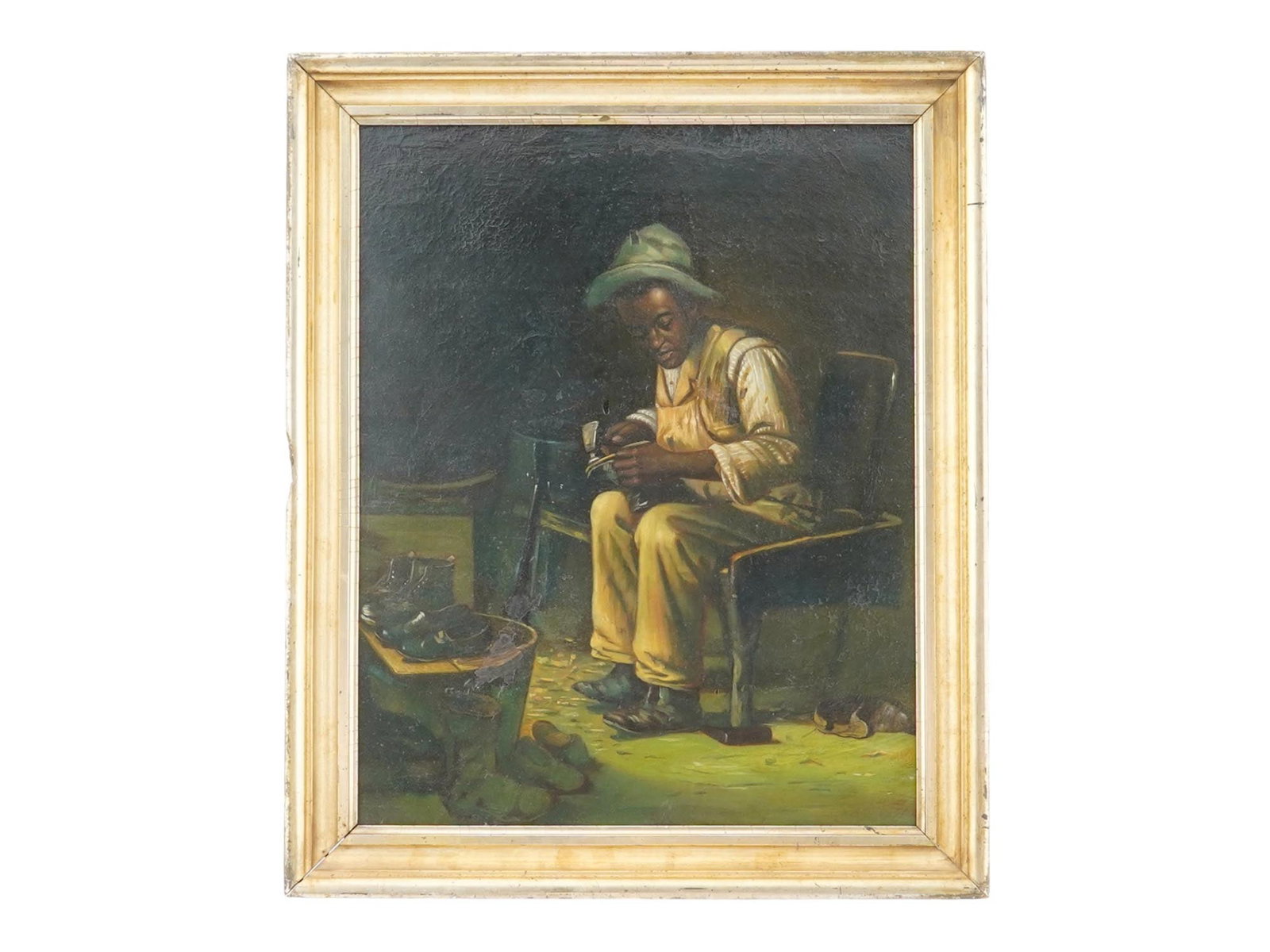 AFTER JOHN GEORGE BROWN AMERICAN OIL PAINTING: After John George Brown, British-American, 1831 to 1913, oil on canvas painting. After the 1903 artwork titled The Village Cobbler. In this lot, the main character, the old shoemaker, is replaced by a