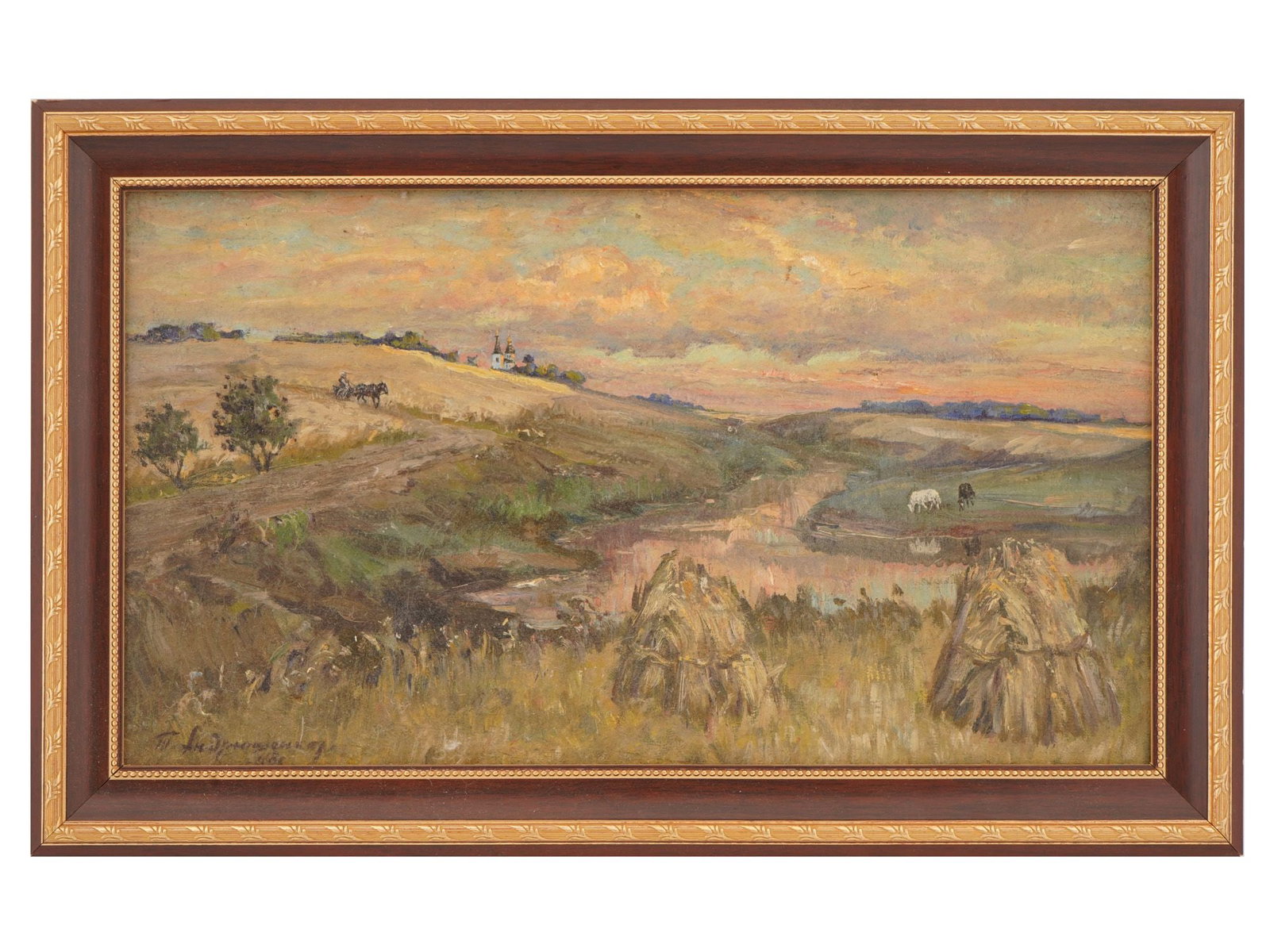 TIMOFEY ANDRYUSHCHENKO UKRANIAN LANDSCAPE OIL PAINTING: Timofey Andryushchenko, Russian, 1915 to 1997, oil painting on canvas. River landscape with haystacks, horses, and an Orthodox church in the distance. Signed and dated 1948 lower left. Titled Western 