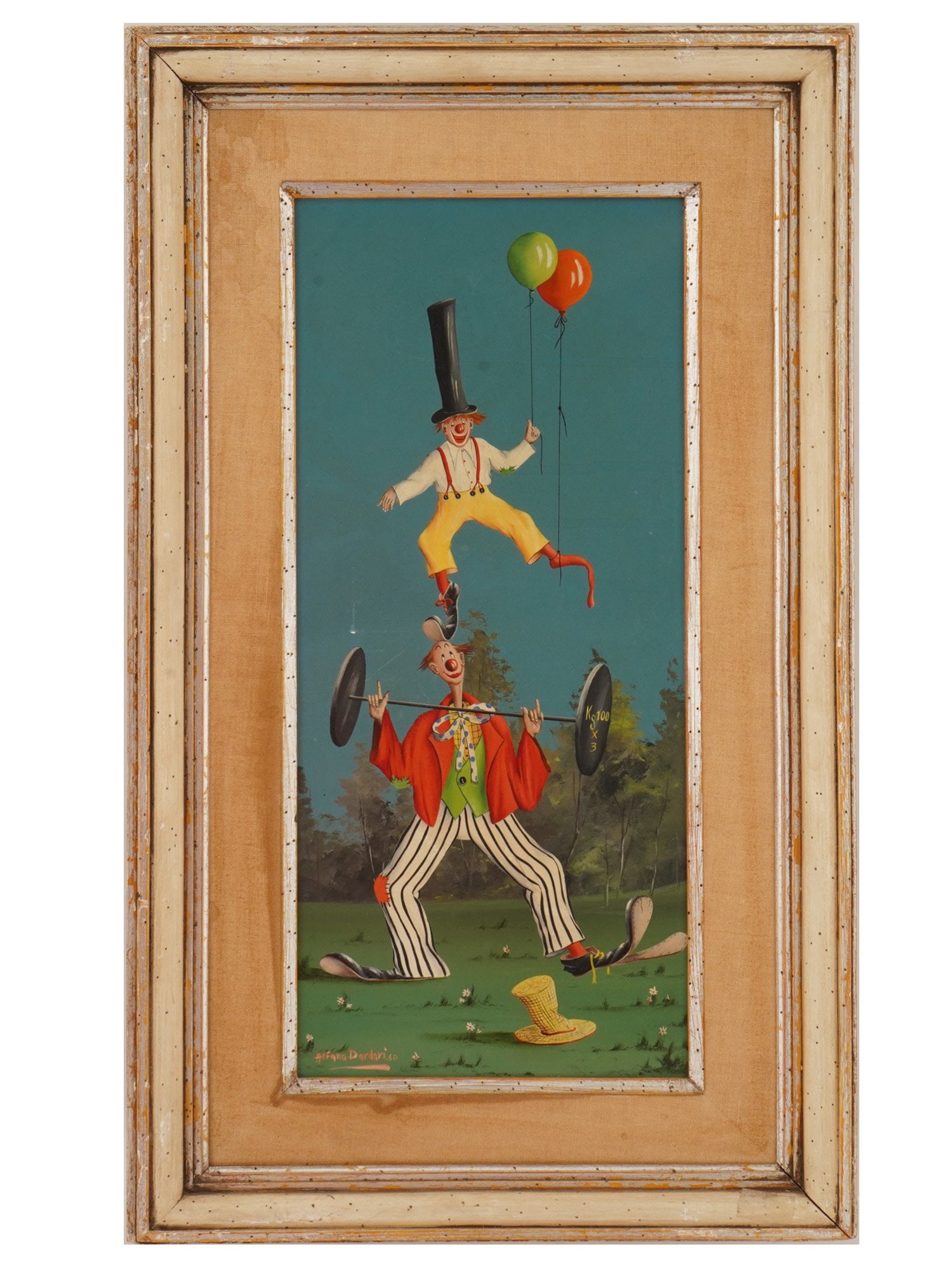 ITALIAN OIL PAINTING BY ALFANO DARDARI 1960: A vintage Italian oil on canvas genre scene with two clowns painting by Alfano Dardari, 1960. The vertical elongated artwork is executed in bright colors with neat brushstrokes. Signed and dated