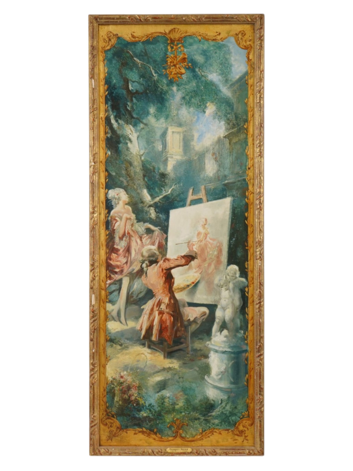 EVERETT SHINN OIL ON CANVAS PAINTING CIRCA 1907: The Artist in an Allegorical Setting is a tall, thin oil on canvas painting of a flamboyantly-dressed artist at the easel - dashing off a portrait of a pretty woman - is a prime example of Everett Shi