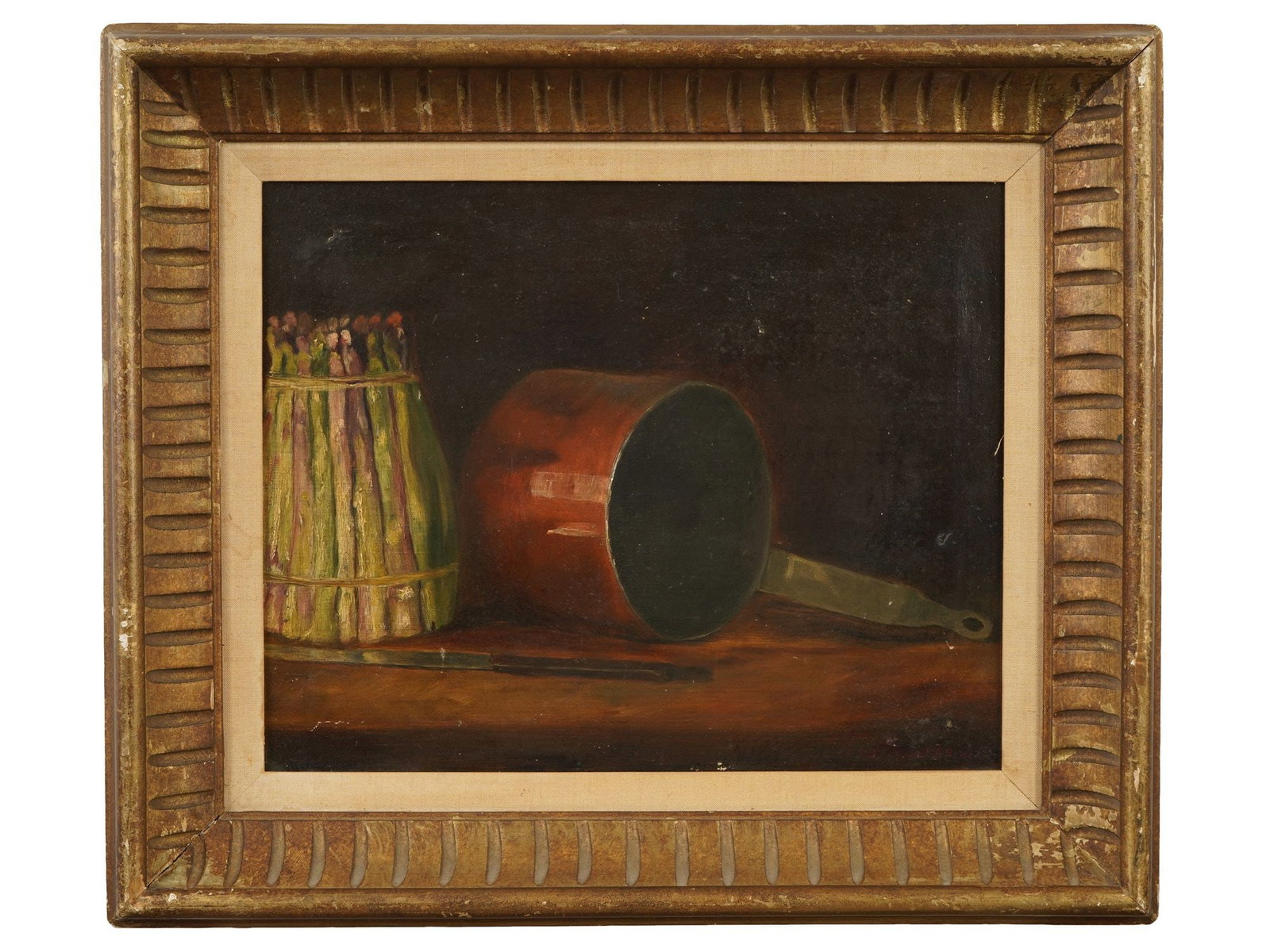 ANTIQUE EUROPEAN SCHOOL OIL STILL LIFE PAINTING: An antique European School oil on canvas still life painting. Circa the late 19th to early 20th century. The painting depicts a bundle of asparagus alongside a reflective copper pot and a kitchen uten