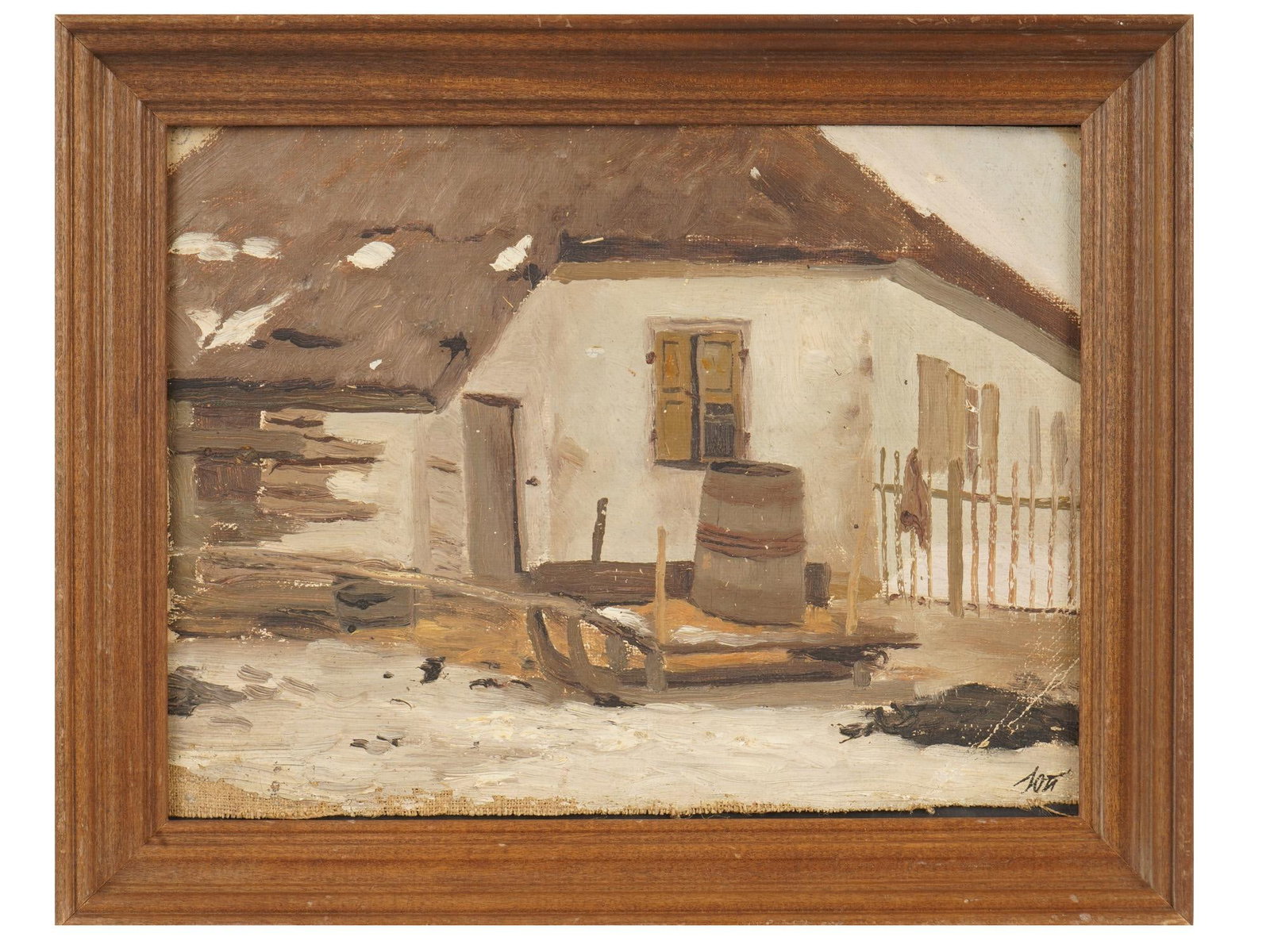 UKRAINIAN RURAL OIL PAINTING BY YURI PAVLOVICH: Yuri Pavlovich, Ukrainian, 1872 to 1947, a landscape oil painting on canvas over board. The composition depicts a rustic, snow-covered rural cottage yard. Signed with the initials lower right. Framed.