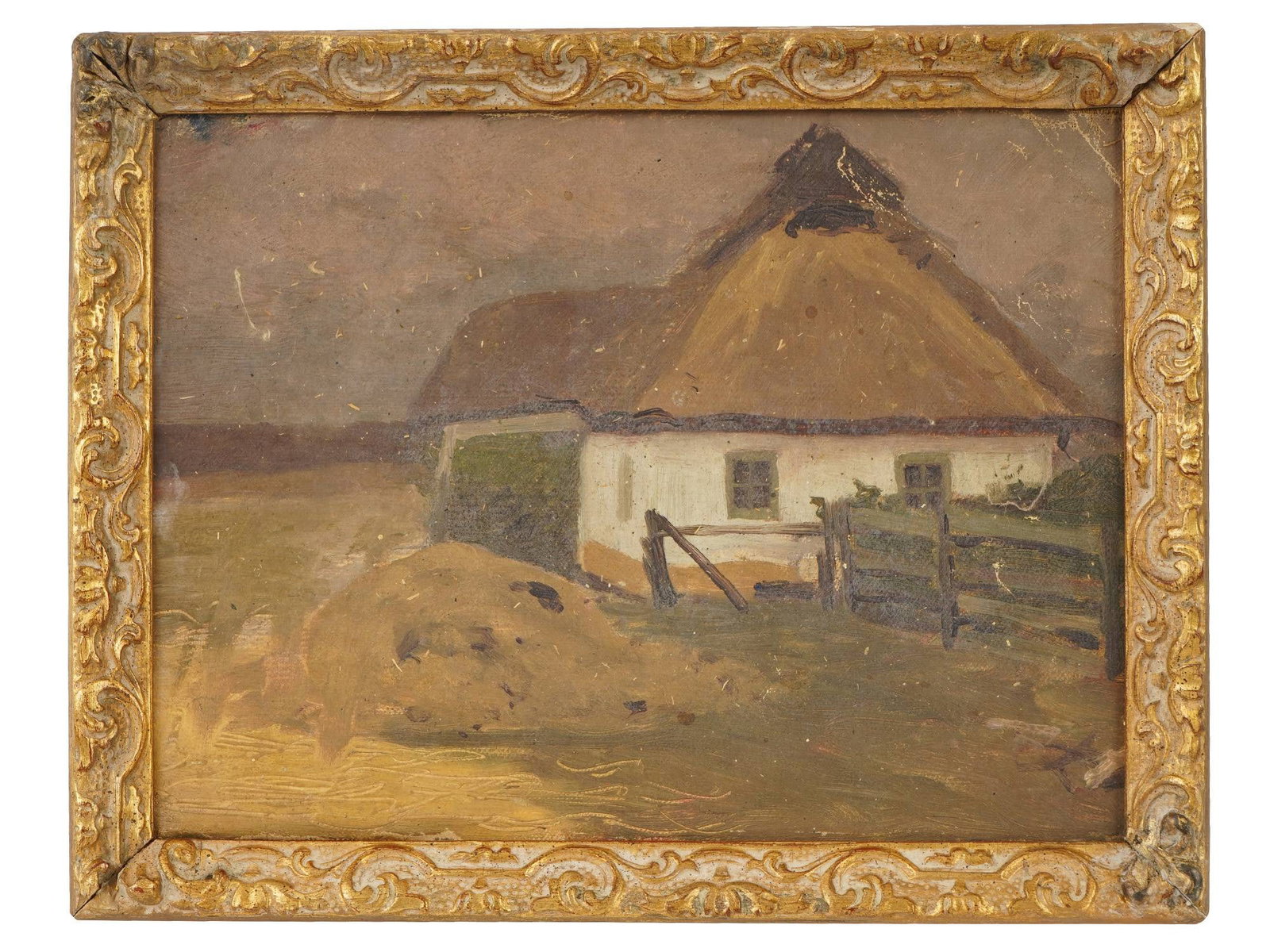 UKRAINIAN RURAL OIL PAINTING BY YURI PAVLOVICH: Yuri Pavlovich, Ukrainian, 1872 to 1947, a landscape oil painting on canvas over board. The composition depicts a rustic, whitewashed cottage with a steep thatched roof. Framed. European Paintings And