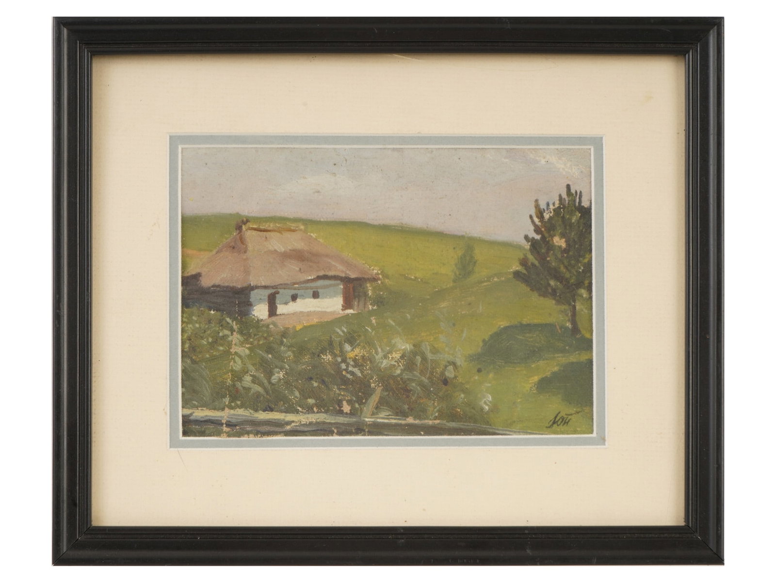 YURI PAVLOVICH UKRANIAN LANDSCAPE OIL PAINTING: Yuri Pavlovich, Ukranian, 1874 to 1947, oil painting on canvas painting. The artwork depicts a rural landscape with a house. Signed with initials lower right. Matted and framed. Yuri Pavlovich was a U