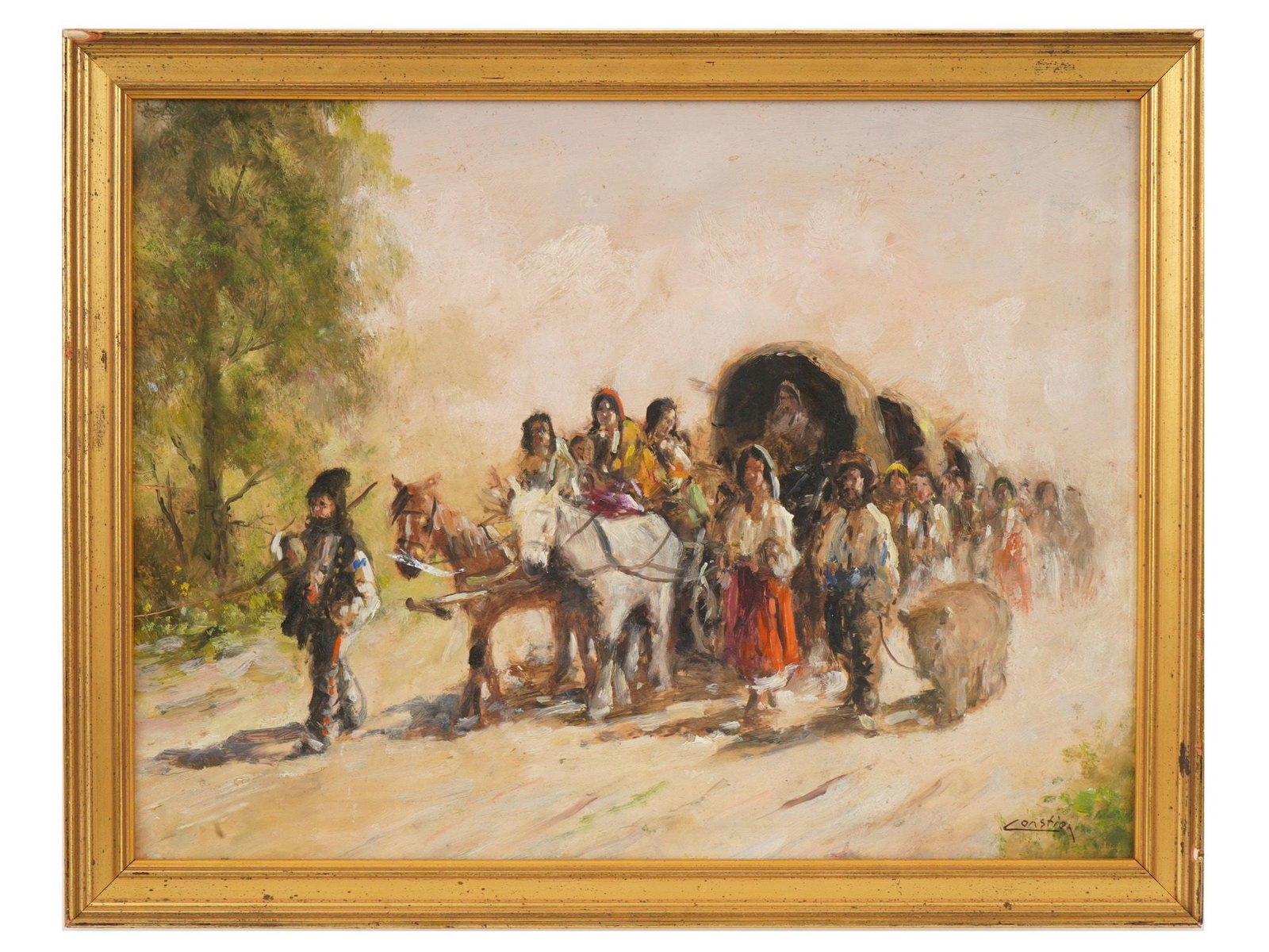 ATTR TO CONSTANTIN IONESCU ROMANIAN PAINTING NOMAZI: Attributed to Constantin Ionescu, Romanian, 1913 to 1999, an impressionist oil painting on masonite titled Nomazi. Depicting a traveling caravan in a rural landscape. The composition features a horse-